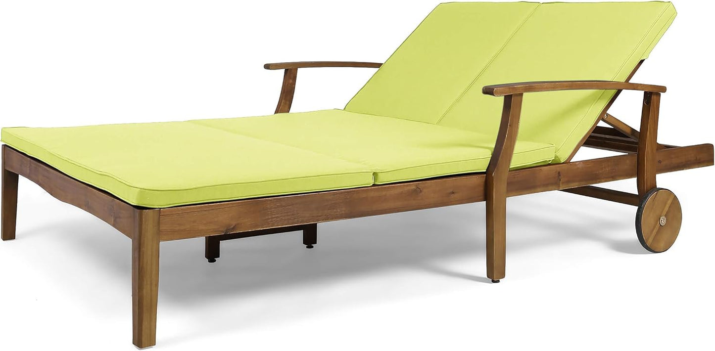 GDFStudio Samantha Double Chaise Lounge for Yard and Patio, Acacia Wood Frame, Teak Finish with Green Cushions, (307567)