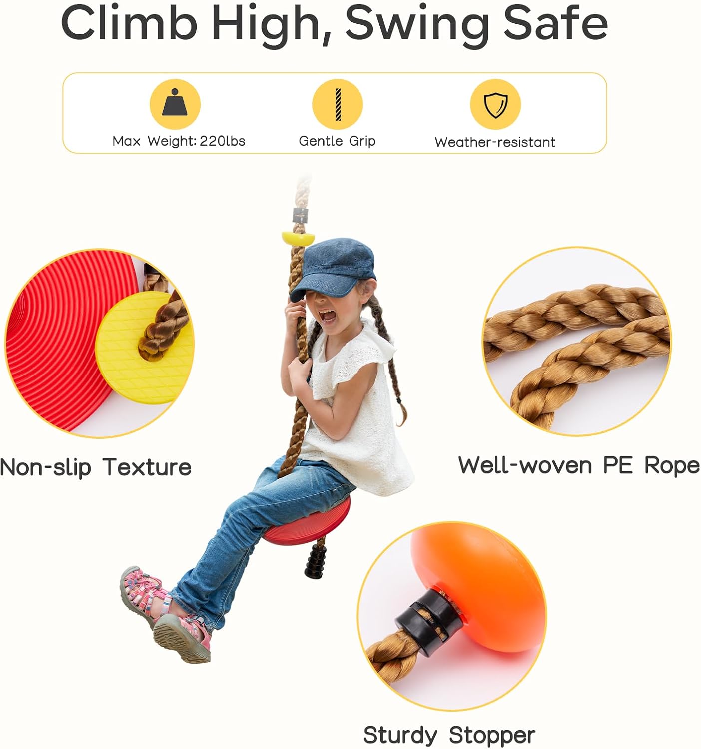 DECORLIFE Adjustable Rope Swing for Kids, Climbing Rope Disc Swing with Platforms, Carabiner and Tree Strap, Tree Swing for Outdoor, Swing Set Playground Accessories, Red