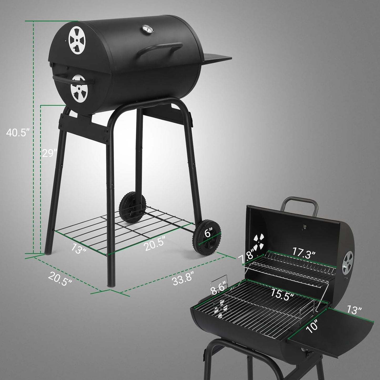 VINGLI Barrel Charcoal Grill with Side Table, BBQ Grill Outdoor Smoker Grill with Wheels for Party Garden Patio and Backyard Cooking