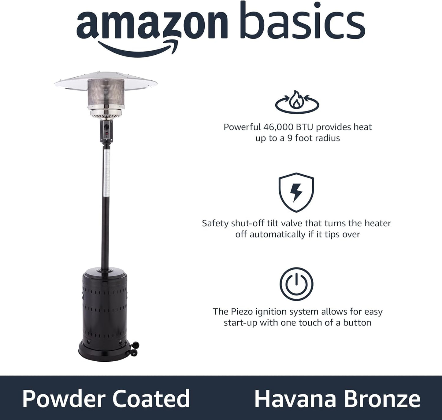 Amazon Basics 46,000 BTU Outdoor Propane Patio Heater with Wheels, Commercial & Residential, Havana Bronze, with Water Tank, 32.1 x 32.1 x 91.3 inches (LxWxH)