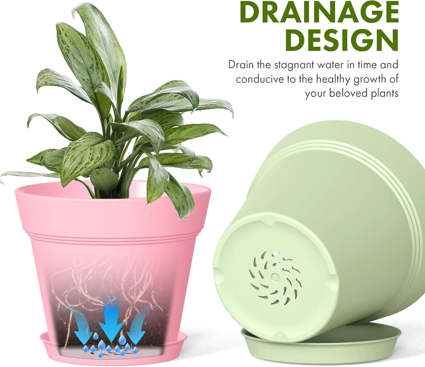 5 Inch Plastic Plant Pots with Drainage Holes and Trays – 6 Pack Small Nursery Pots for Indoor & Outdoor House Plants and Flowers, Seedling Starter Planters, Colorful