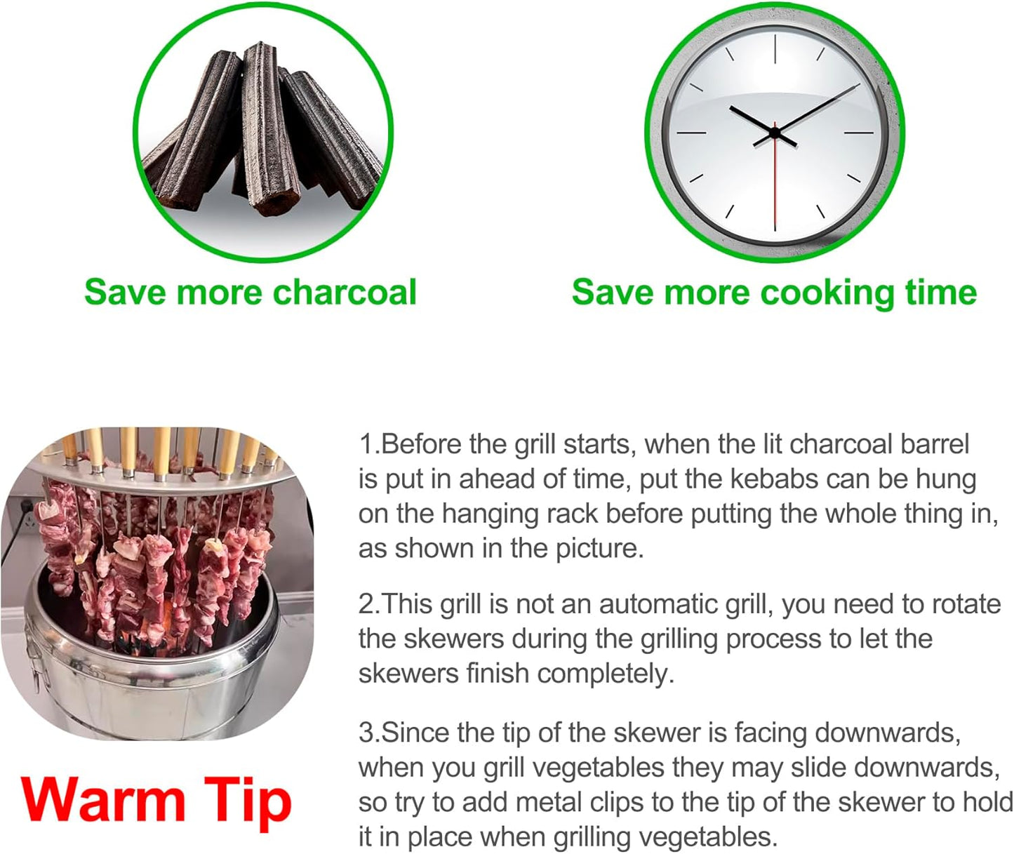 Portable Smokeless Barbecue Charcoal Barrel Grill, Stainless Steel Surround Charcoal kebab Grill with 28 Skewers and BBQ Grill Cooking Grate, Diameter 15.4 inch