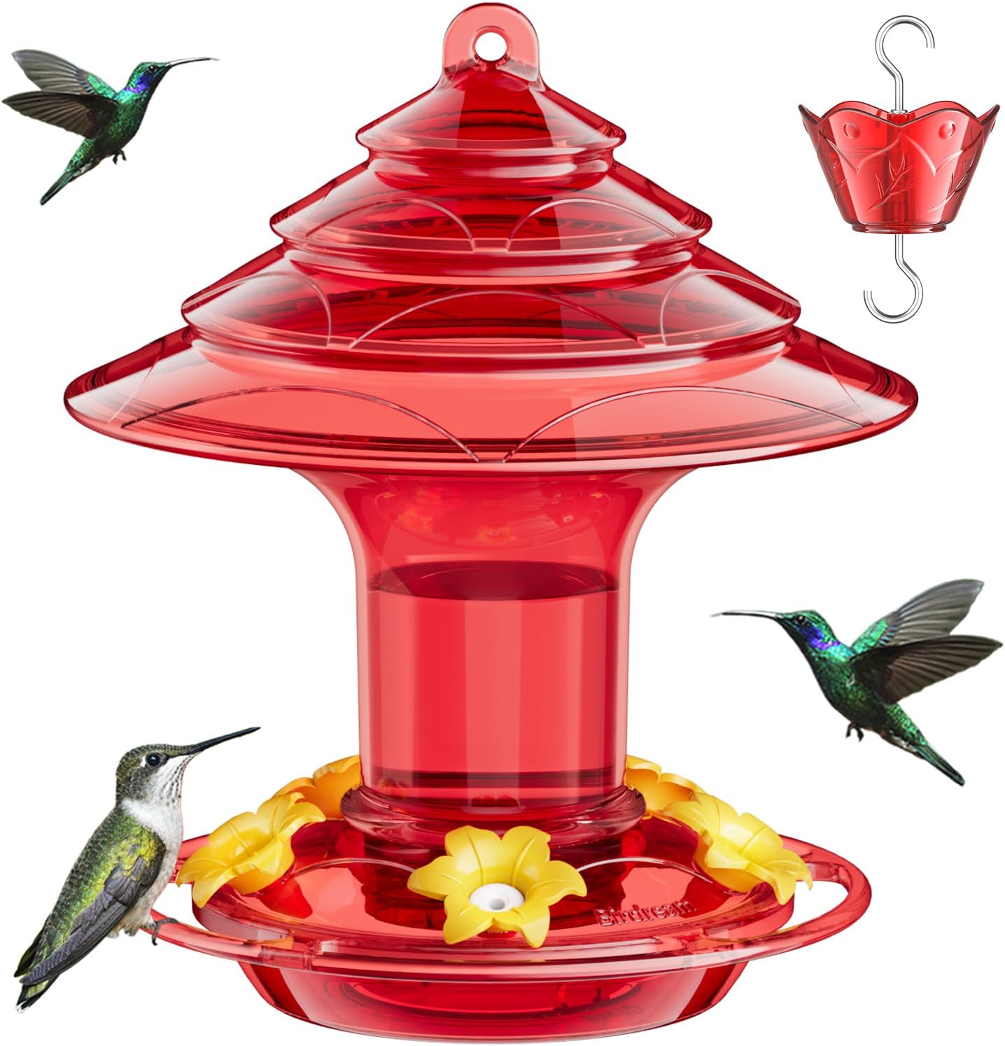 Birdream Hummingbird Feeder for Outdoors Hanging, 20oz Hummingbird Feeders with 5 Bee Guard Feeding Ports & Built-in Ant Moat Brush Leak-Proof for Outside Gifts for Women - Solid Red