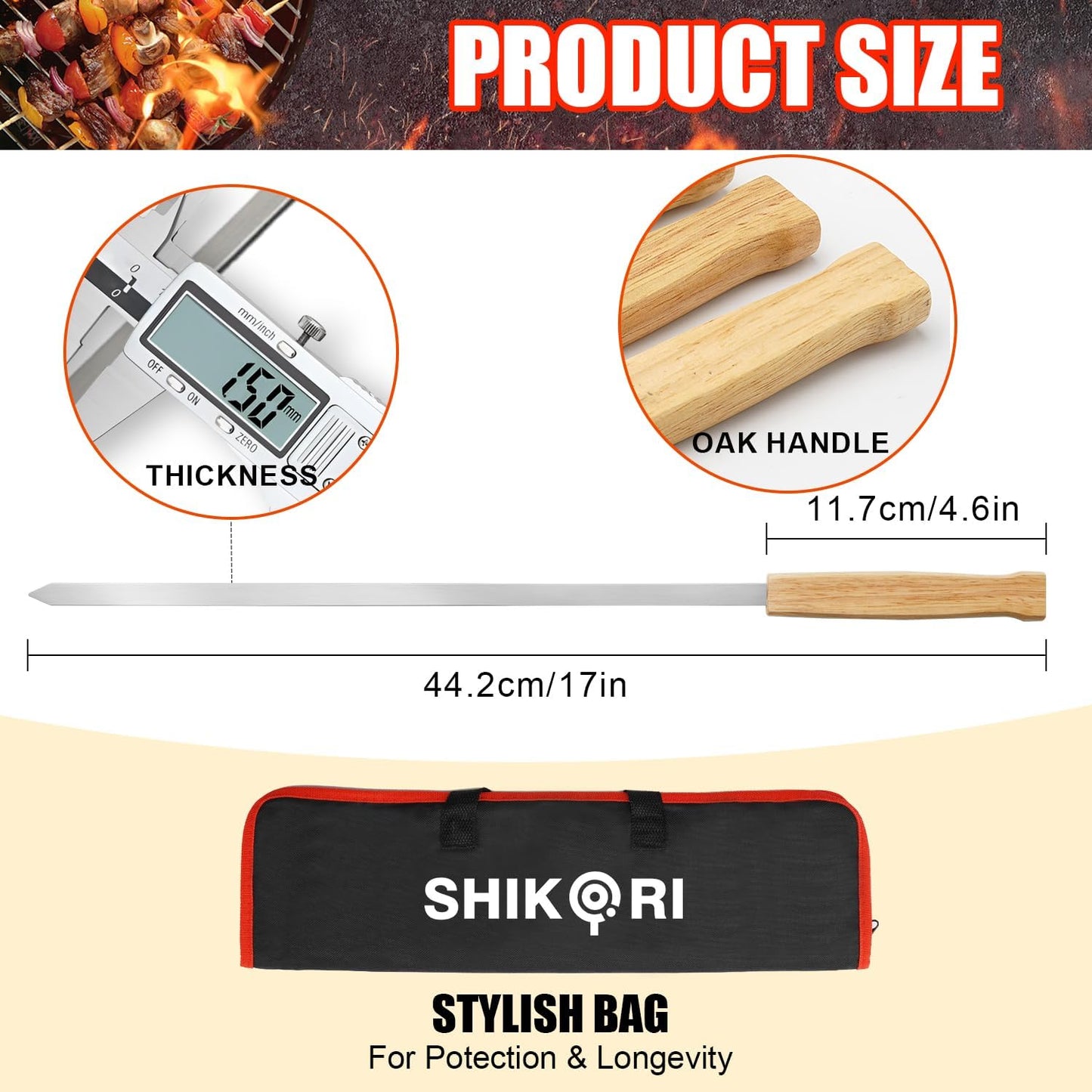 SHIKORI Kabob Skewers,BBQ Barbecue Skewers,Stainless Steel Sticks,17 Inch Heavy Duty Large Wide Reusable,with Nonslip Wooden-8 Pcs