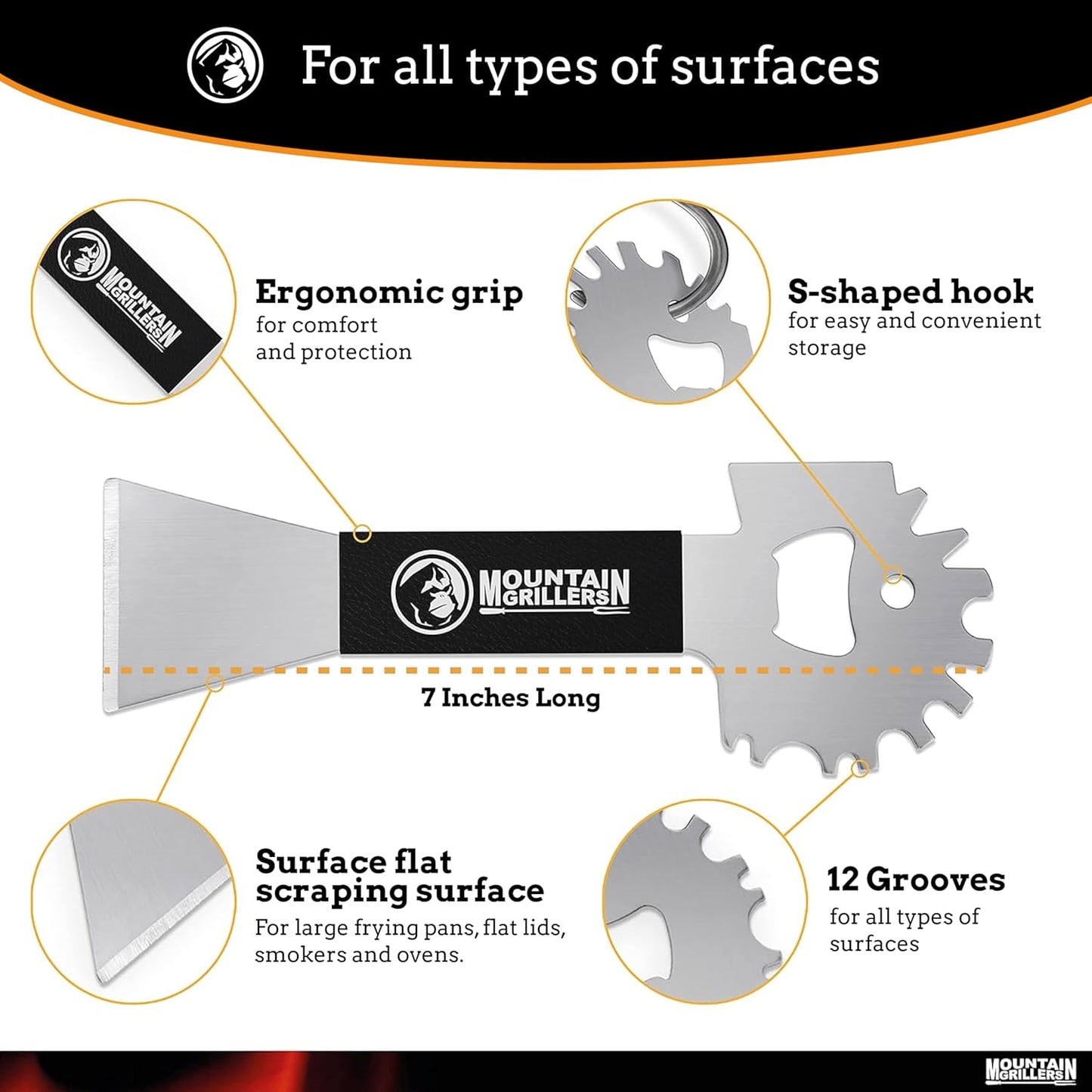 Mountain Grillers BBQ Grill Grate Scraper - Wide Portable Grill Scrubber for Outdoor Grill, Griddle, Smoke or Oven Grates - Non Slip Stainless Steel Grill Cleaning Tools with Built-in Bottle Opener