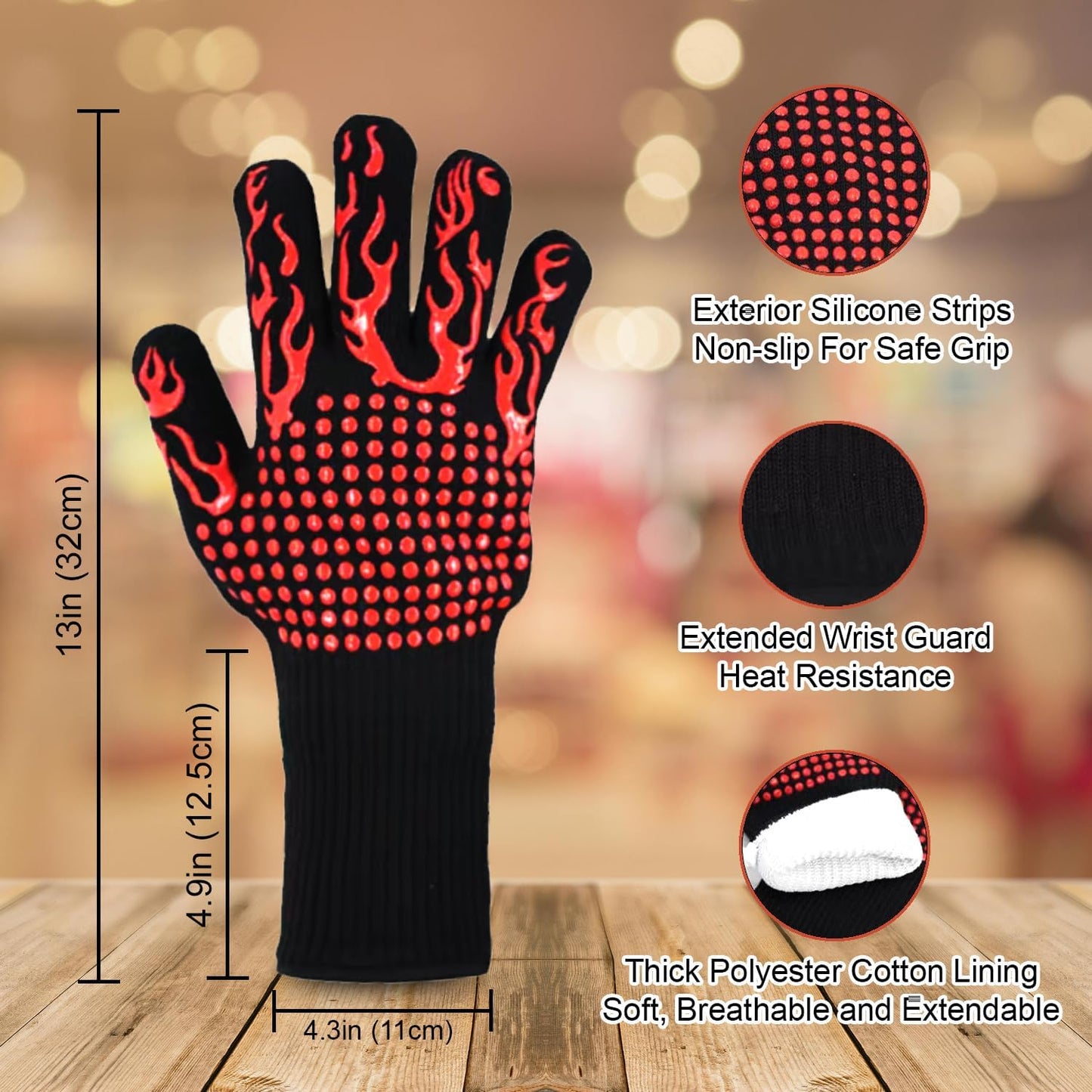 BBQ Gloves Fireproof, 1472°F/800°C F Heat Resistant Grill Cut-Resistant Mitts, Non-Slip Silicone Oven Gloves Long Kitchen Gloves for Barbecue Cooking Baking Cutting