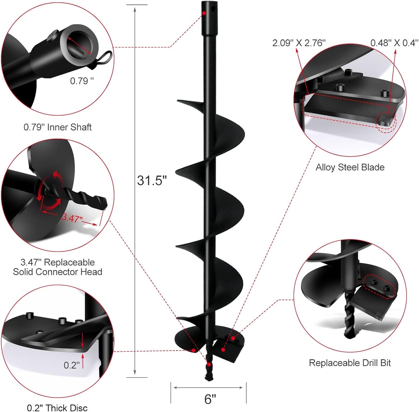 LONGRUN Post Hole Auger for Garden Fence Post, 6" x 31.5" Earth Auger Drill Bit, 0.79”(20mm) Inner Shaft Auger Bit for Planting Trees and Bedding, Bulbs, Seedlings, Gardening, Large Fencing Digger