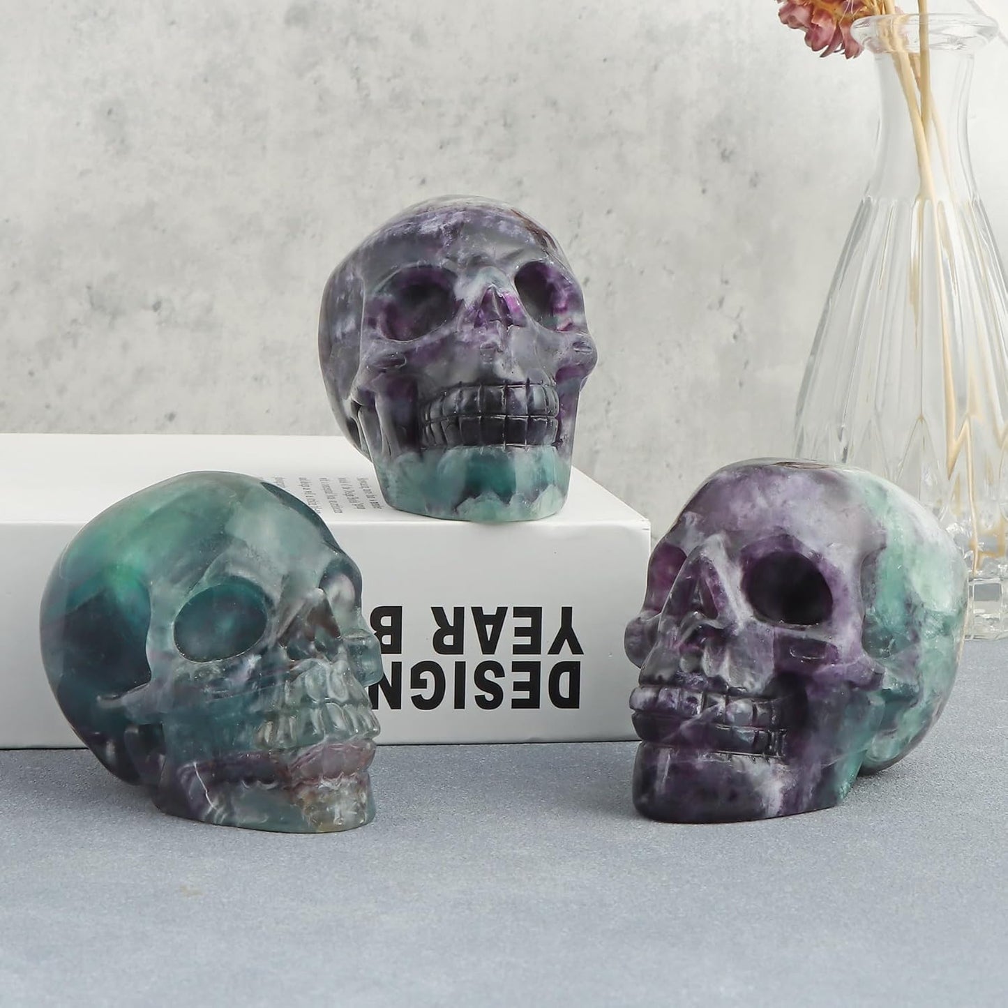 Crystal Skull Head Statue Hand Carved 3.0" Rainbow Fluorite Polished Gemstone Skull Stone Figurine Crafts Ornament for Home Office Halloween Decor