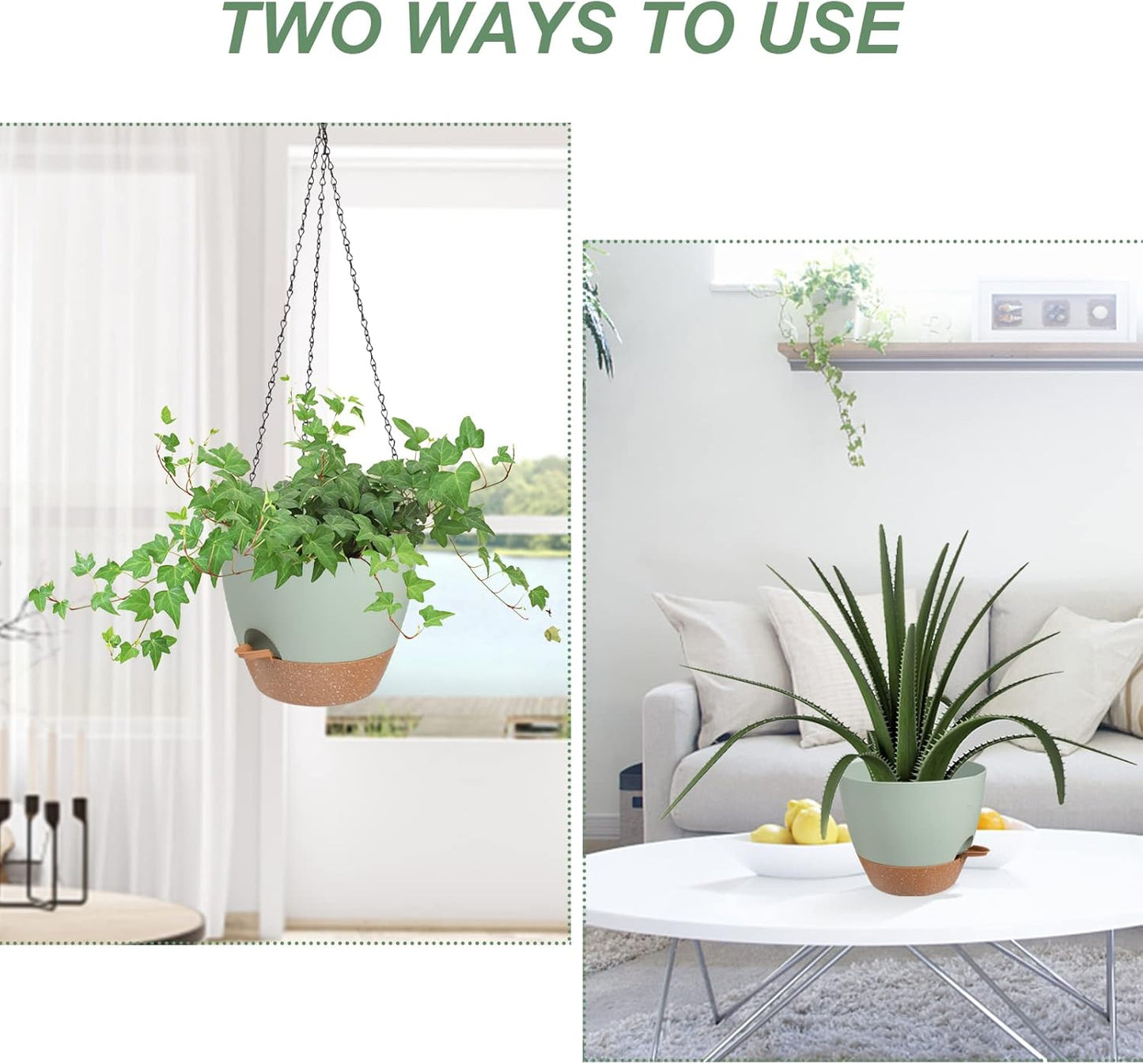 Hanging Planters for Indoor Outdoor Plants, 2 Pack Self Watering Hanging Pot with Drainage Holes & Removable Tray (Green, 10'')