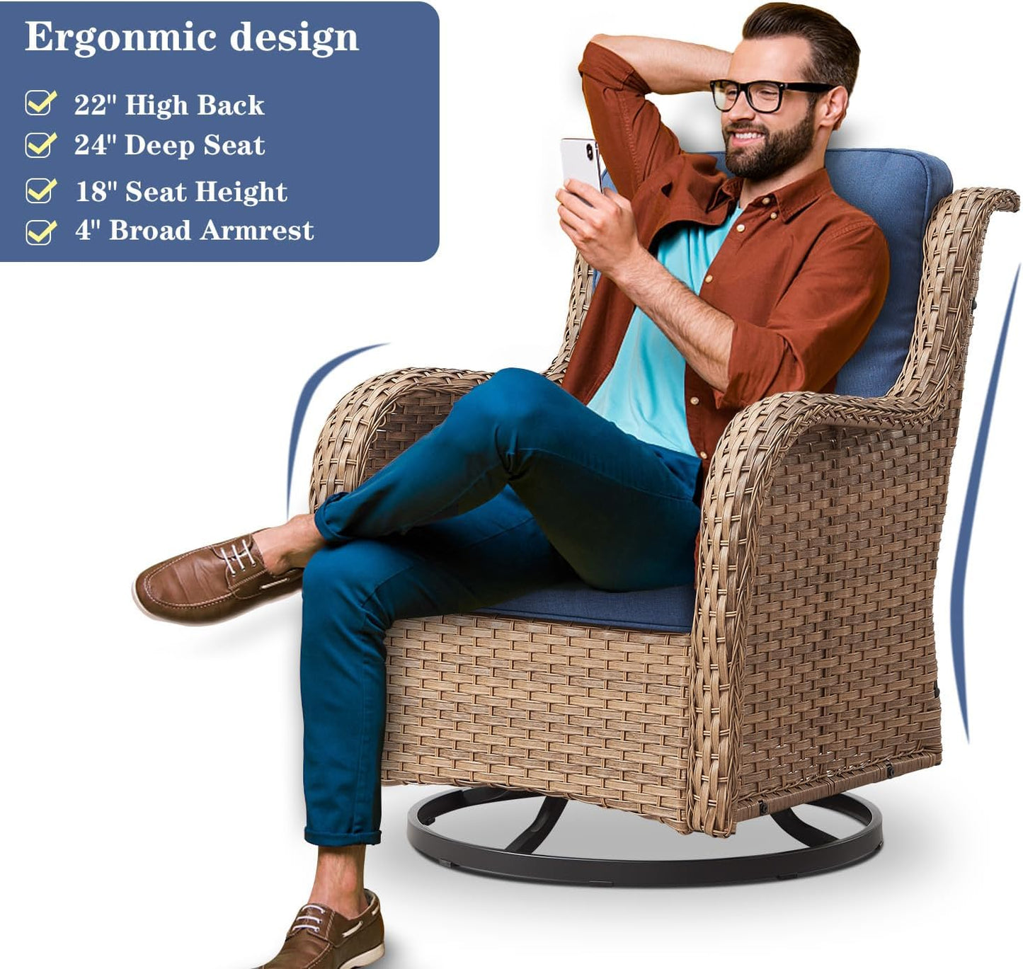 Wicker Outdoor Furniture Patio Furniture Set - 6 Piece Patio Conversation Set with Swivel Rocker Chairs, Rattan Sofa, Ottomans and Coffee Table, Blue Cushion