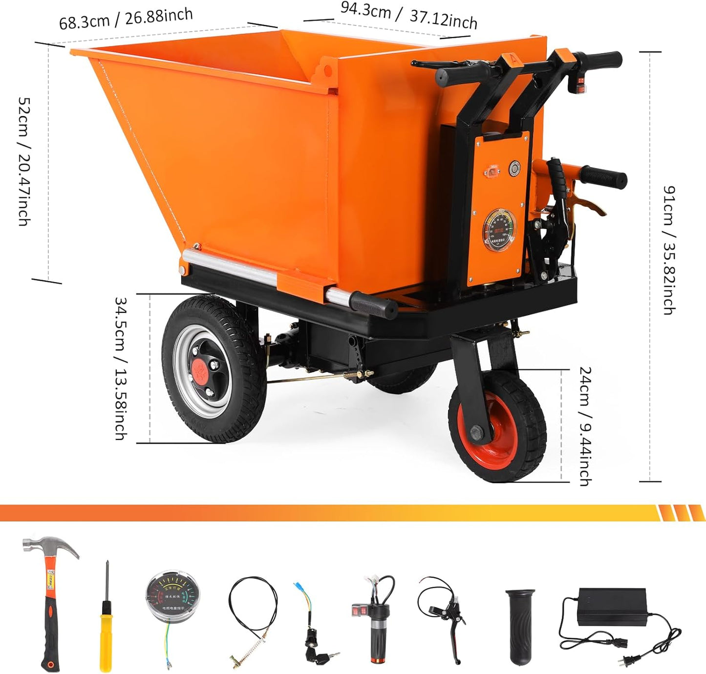 Wheelbarrow Utility Cart, 48V28Ah 1000W Capacity 2200lbs (One Ton), Material Hauler, Electric Wagon, All Purpose