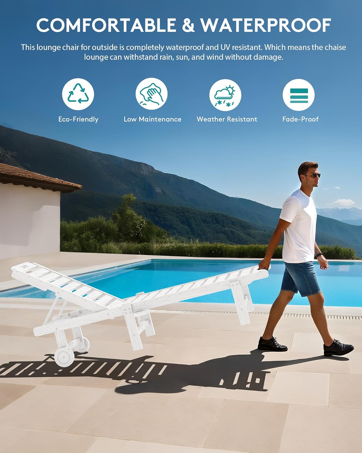 SERWALL Patio Chaise Lounge Set of 4, HDPE Outdoor Lounge Chair with Cup Holder, 5 Positions Adjustable Pool Lounge Chair with Rolling Wheels for Poolside, Deck, Sunbathing, White