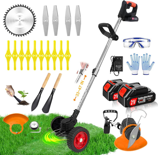 Electric Weed Wacker Eater Cordless Battery Powered, Weed Trimmer 21V Lightweight No-String with 2 Battery Operated & Wheels, 3 in 1 Stringless Grass Trimmer/Edger/Brush Cutter for Garden Yard Lawn