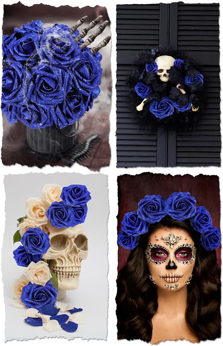 N&T NIETING Artificial Flowers Glowing Navy Blue Flowers Foam 50pcs Glitter Roses Real Looking Fake Roses with Stem for DIY Wedding Bouquets Centerpieces Bridal Shower Party Home Decorations