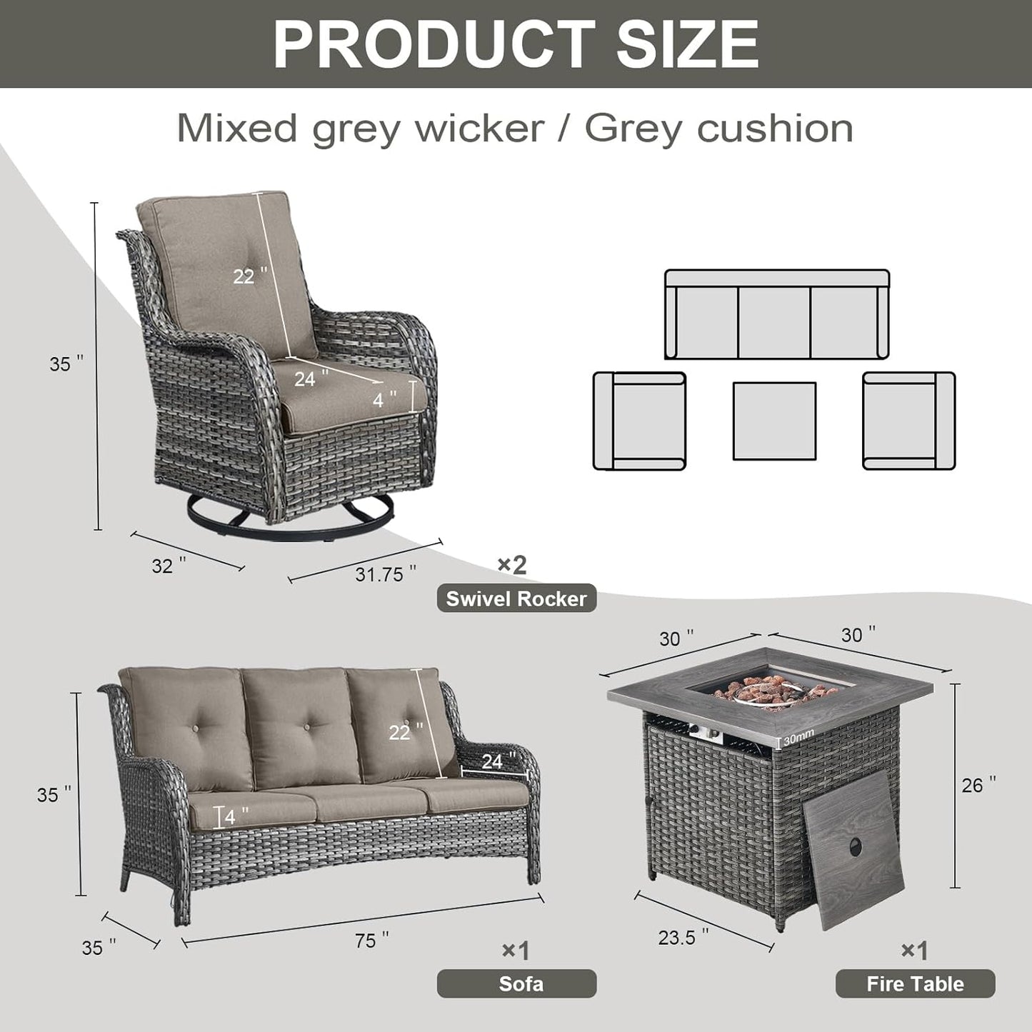 Outdoor Patio Furniture Set with 50000BTU Propane Fire Pit Table, 4 Pieces Wicker Patio Conversation Set with 2 Swivel Rocker Glider Chairs Rattan Sofa Grey Cushion Perfect for Gathering