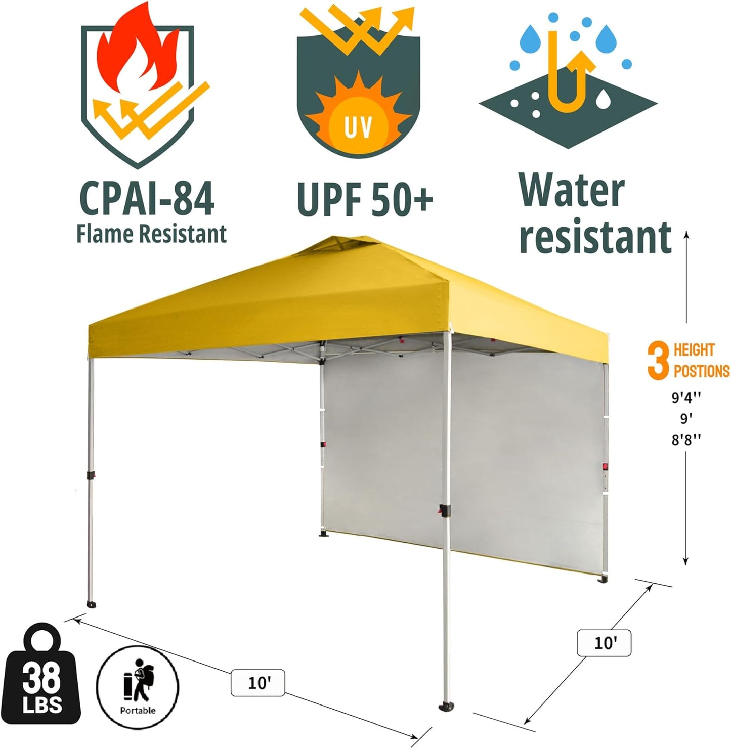 CROWN SHADES 10x10 Pop Up Canopy with 1 Side Wall - Beach Tent with One Push Setup - Outdoor Sun Shade for Events, Parties, Camping - Gazebo with STO-N-Go Cover Bag (Yellow)