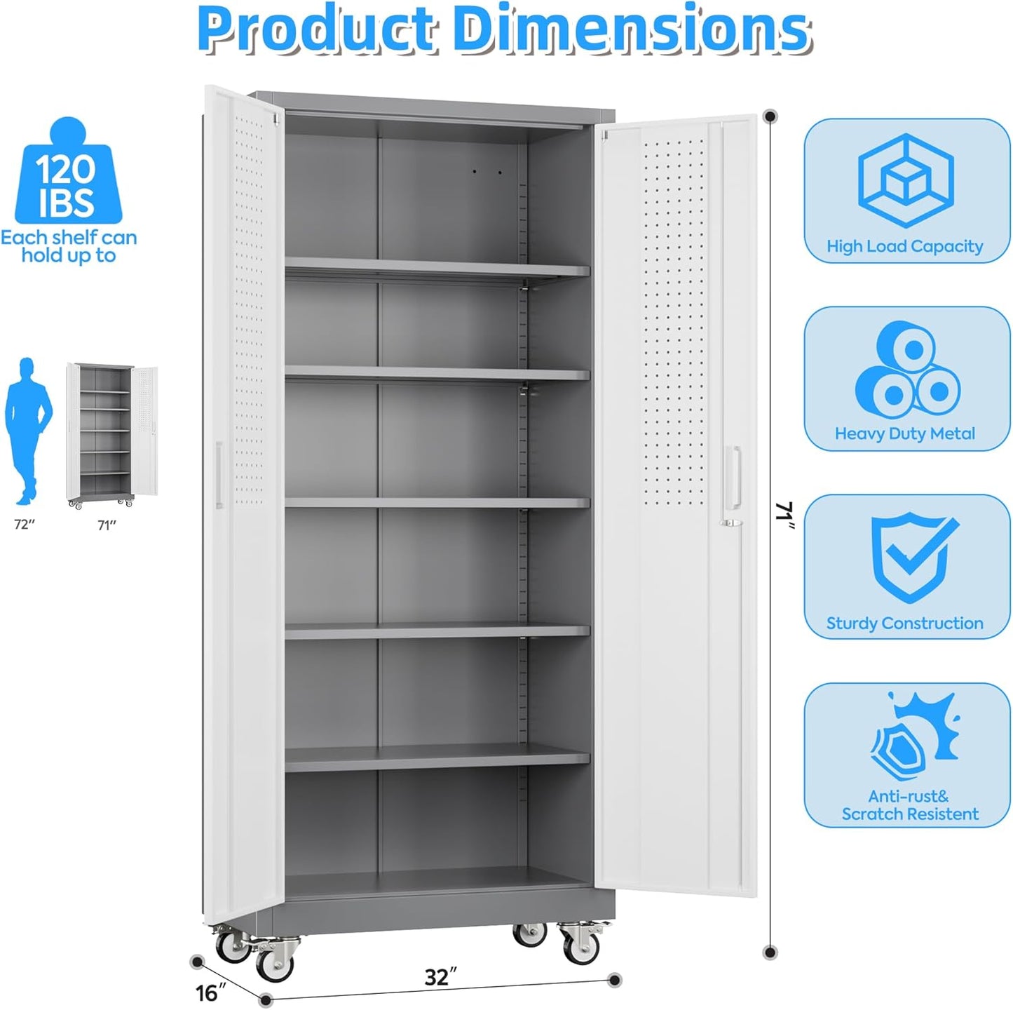 Metal Garage Storage Cabinet with Wheels & Pegboard, Lockable Metal Storage Cabinets with 2 Doors&5 Adjustable Shelves for Garage&Home,Assembly Required,Gray White 71''H x32''W x16''D