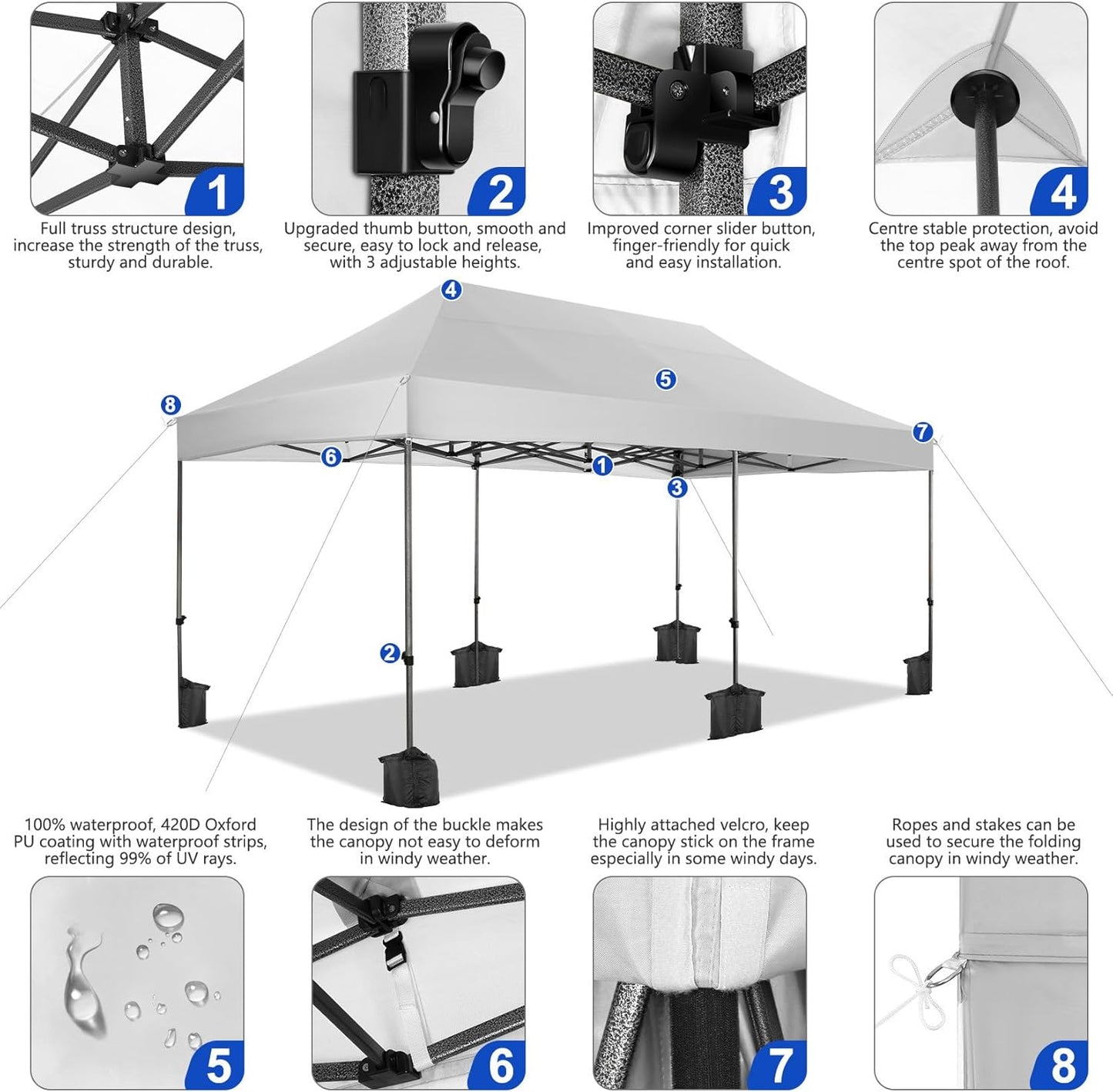 COBIZI 10x20 Pop up Canopy Tent Heavy Duty Without Sidewalls, Easy Set-up Commercial Outdoor Party Tent, 100% Waterproof Wedding Gazebo, 3 Height Adjustable with Wheeled Bag, White