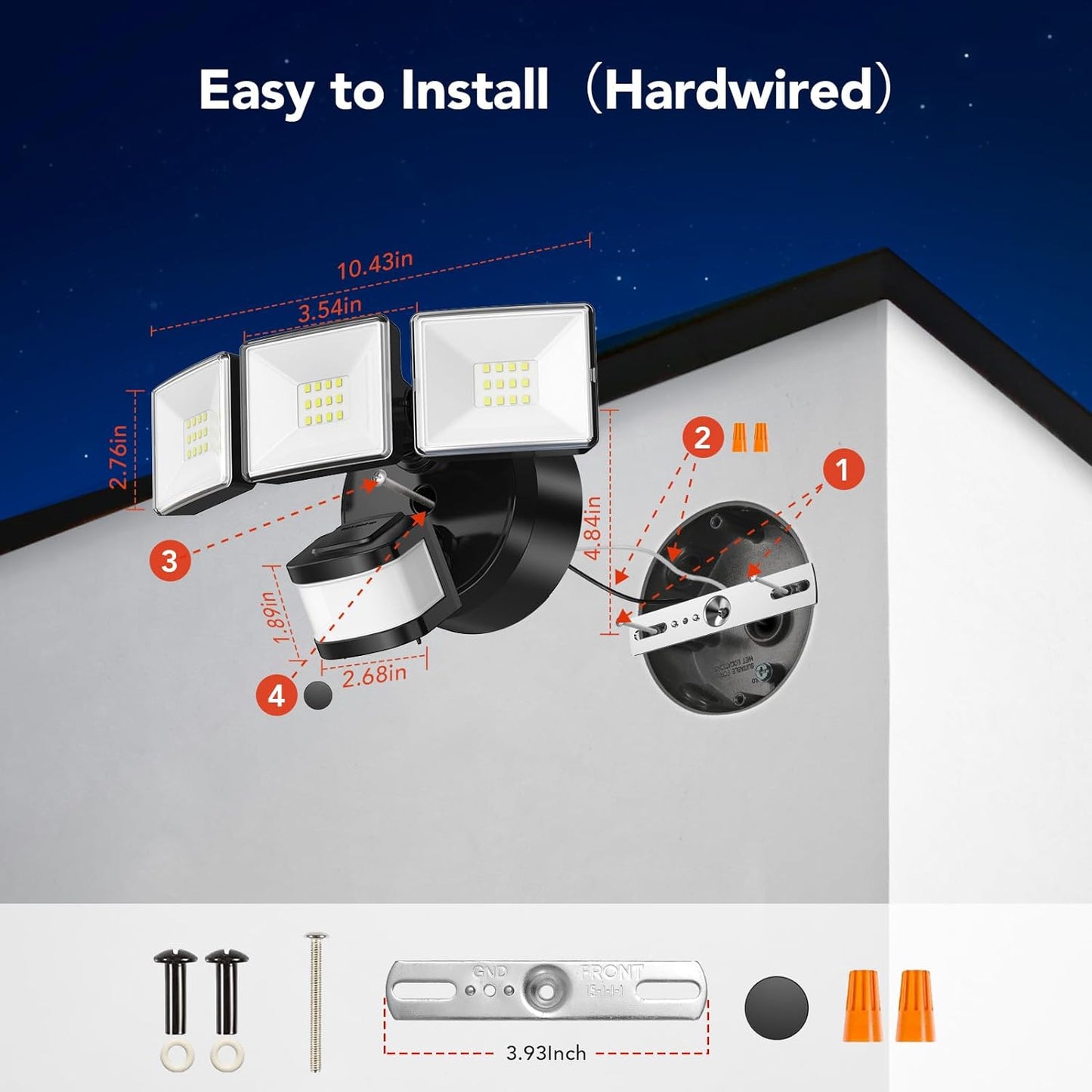 OREiN 3500LM/26W Flood Lights Outdoor, 240°/40FT Big Motion Sensor Outdoor Lights Dusk to Dawn Security Lights IP65 Waterproof 3 Modes for Outside 3500SQ.FT Front Door, Garage, Black (Hardwired)