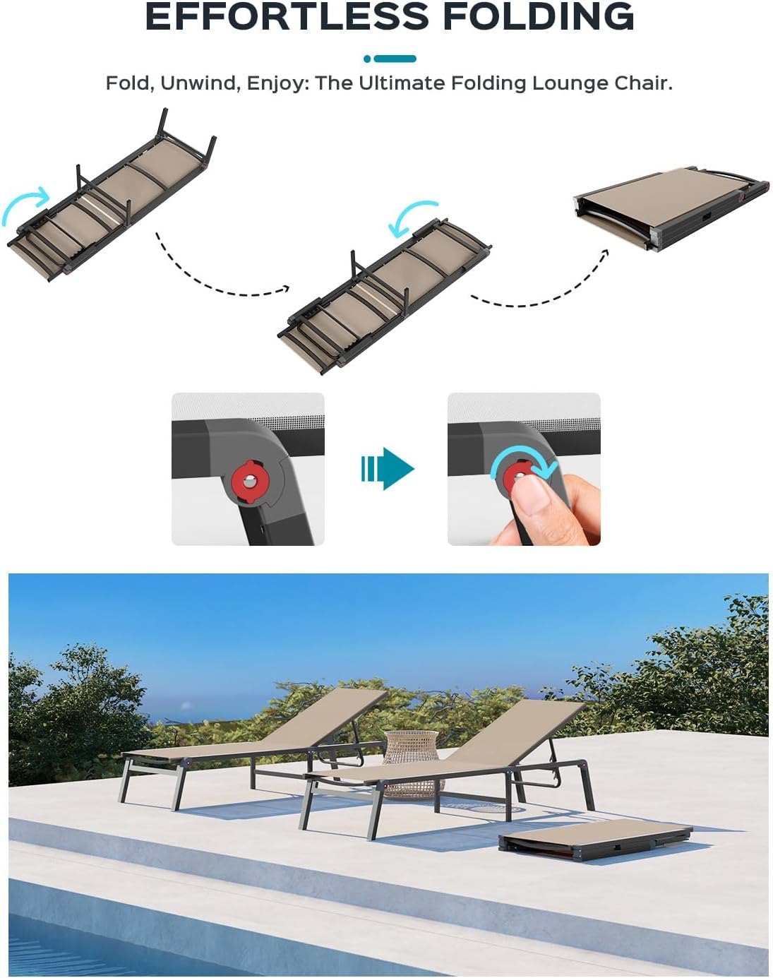 Patio Chaise Lounge Chair, Foldable Lounge Chair for Outside, Aluminum Chairs Set of 2 with 5 Adjustable Backrest, Outdoor Pool Lounger for Poolside, Lawn, Deck, Khaki