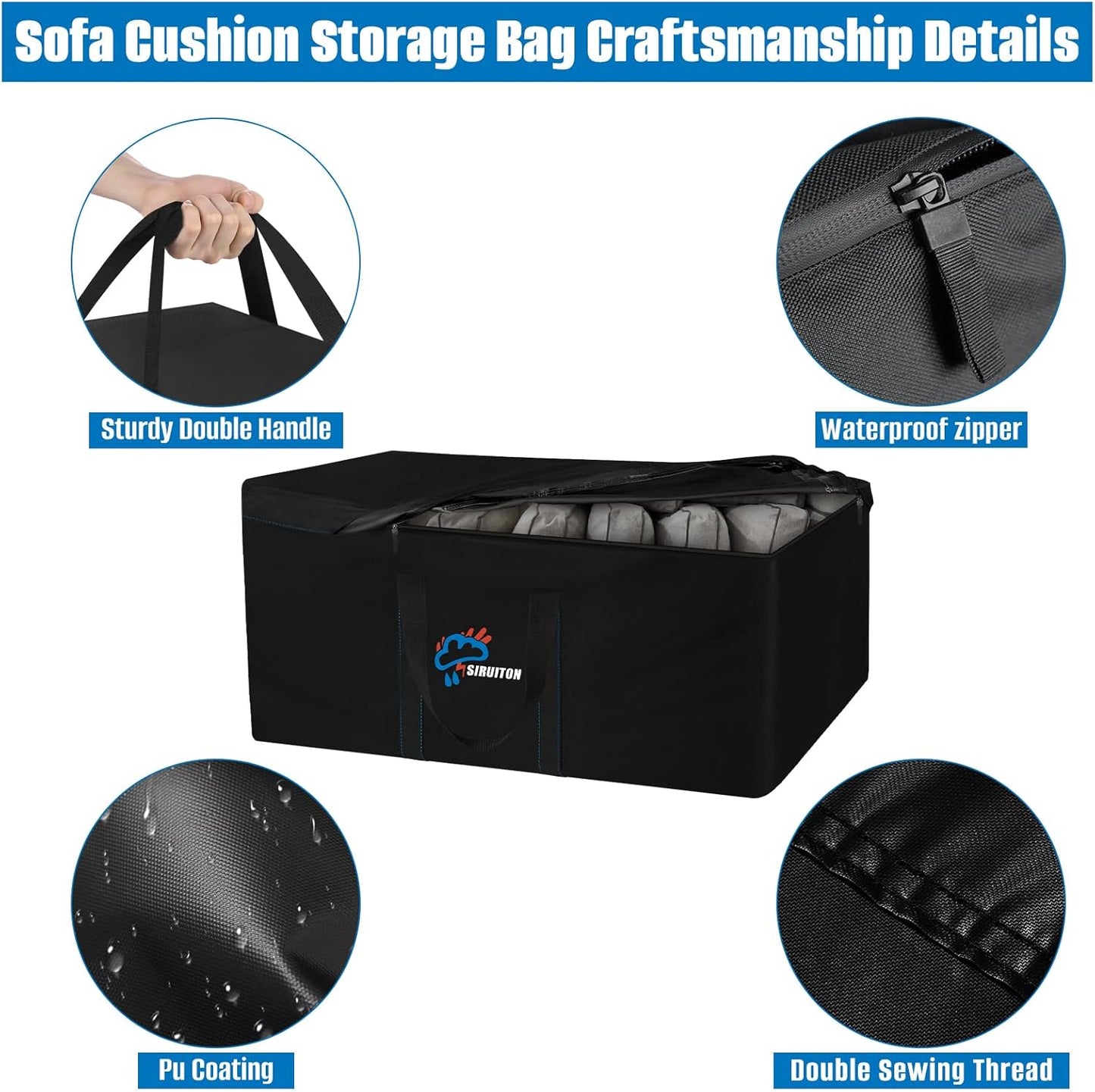 SIRUITON 68.9”L x 29.5”W x 21.6”H Outdoor Cushion Storage Bag,Patio Furniture Cushion Storage Bag,Heavy Duty Rip Proof 600D Oxford,with Handle and Zipper of Waterproof Garden Cushion Storage Covers
