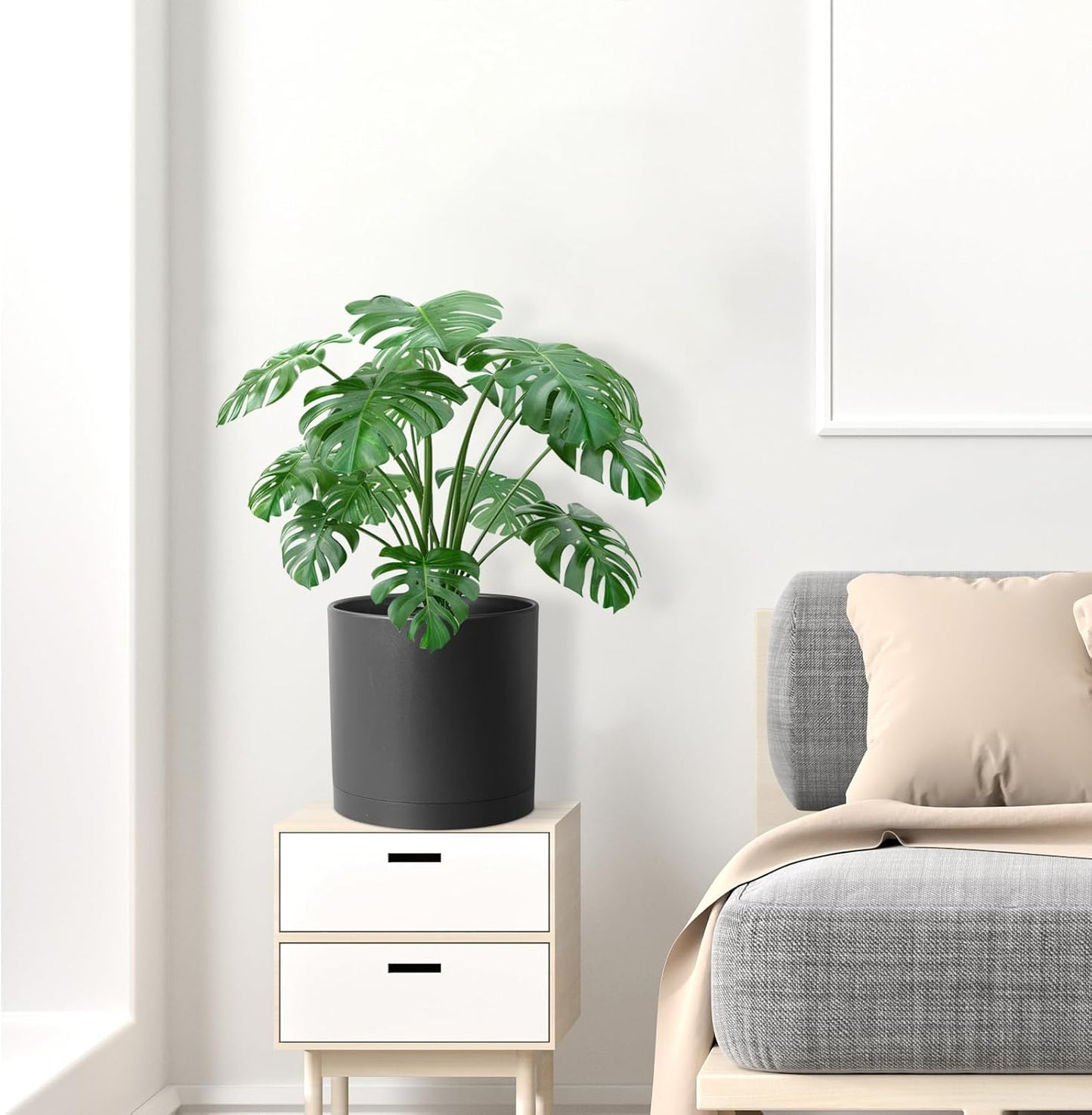 12 inch Large Deep Plant Pots for Outdoor Indoor Plants, Tall Cylinder Flower Pots with Drainage Holes and Saucer, Big Decorative Plastic Planter Pots for Garden Porch House Plants, Black