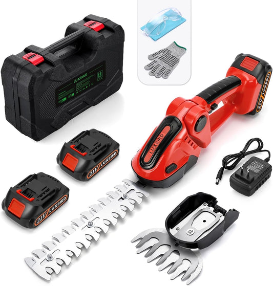 Lxubird Cordless Grass Shears, 2-in-1 Mini Hedge Trimmer Cordless,Light Handheld Grass Trimmer, Electric Shrub Trimmer with 2Pcs Rechargeable Batteries with Case