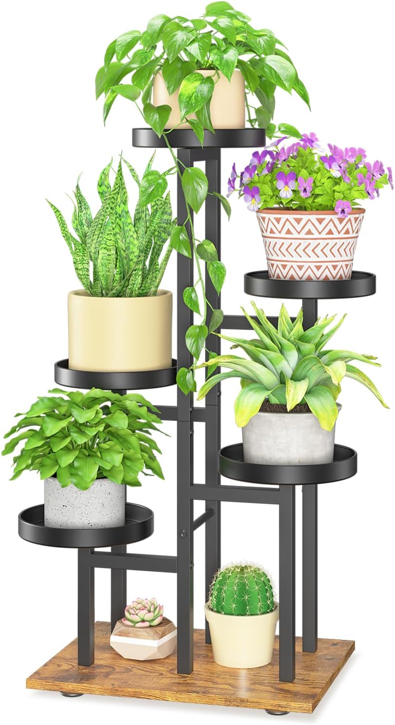 LASZOLA Black 5 Tier Plant Stand Indoor Heavy Duty Rack for Modern House Planter, Metal and Wooden Vertical Organizer Decor Narrow Bathroom Floor, Sturdy Multi Level Flower Holder Raised, Cat Proof