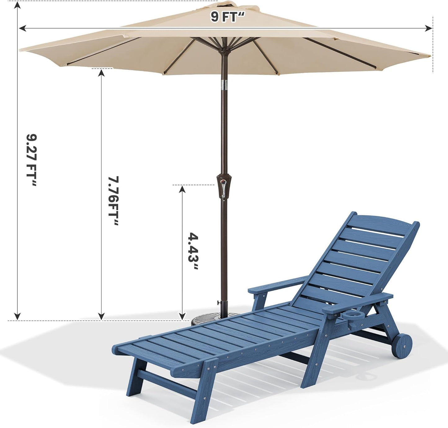 SERWALL Patio Chaise Lounge Chair Set of 2 with 9FT Patio Umbrella, 78'' HDPE Outdoor Lounger, Poly Lounge Chair with Rolling Wheels & Cup Holder for Pool,Blue (Umbreall Base not Included)