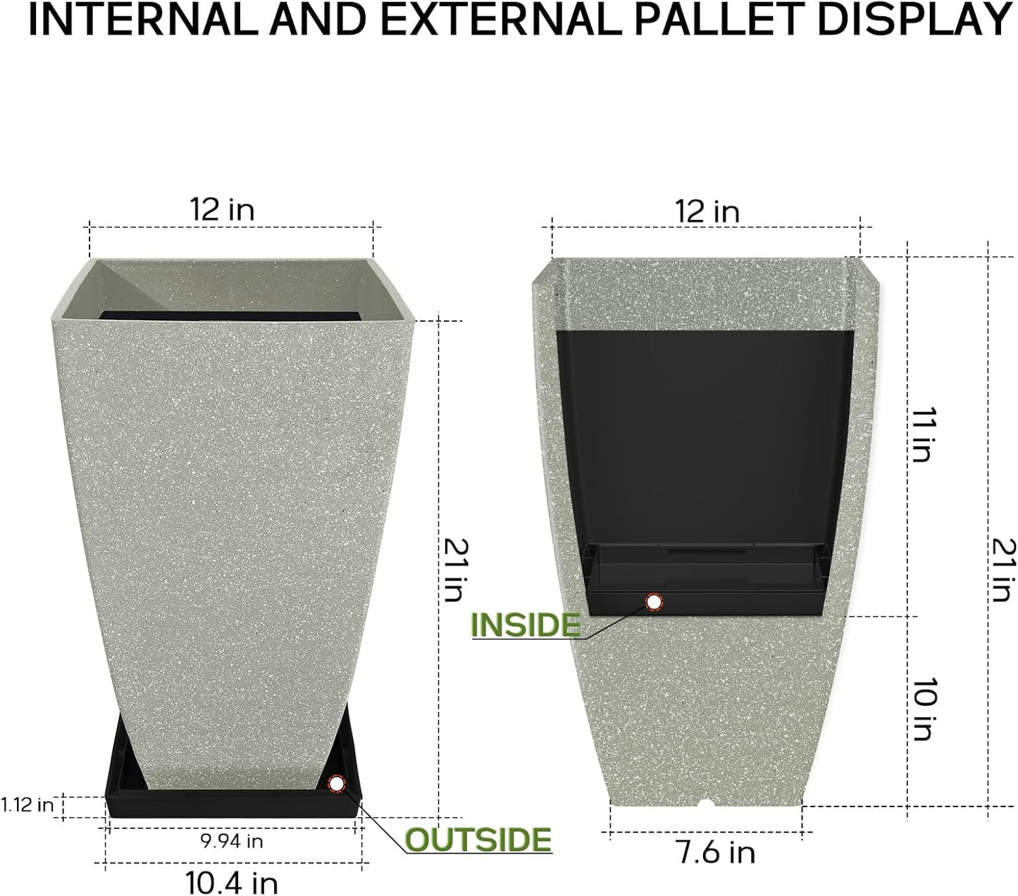 Set of 2 Large Tall 21 Inch Planter Pots Indoor/Outdoor-Matte Grey Square Flower Planters with Tray for Patio, Front Door, Deck | Weather-Resistant & Lightweight Plastic (Grey)