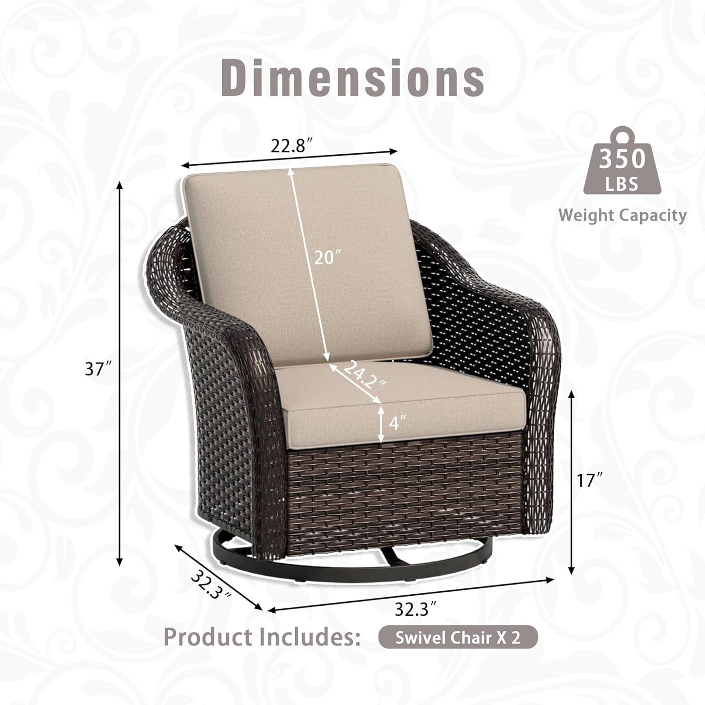 Outdoor Wicker Swivel Chair Set of 2, All-Weather Use Patio Rattan Chair with Seat and Back Cushion, Ideal for Porch, Backyard, Balcony, Poolside, Beige