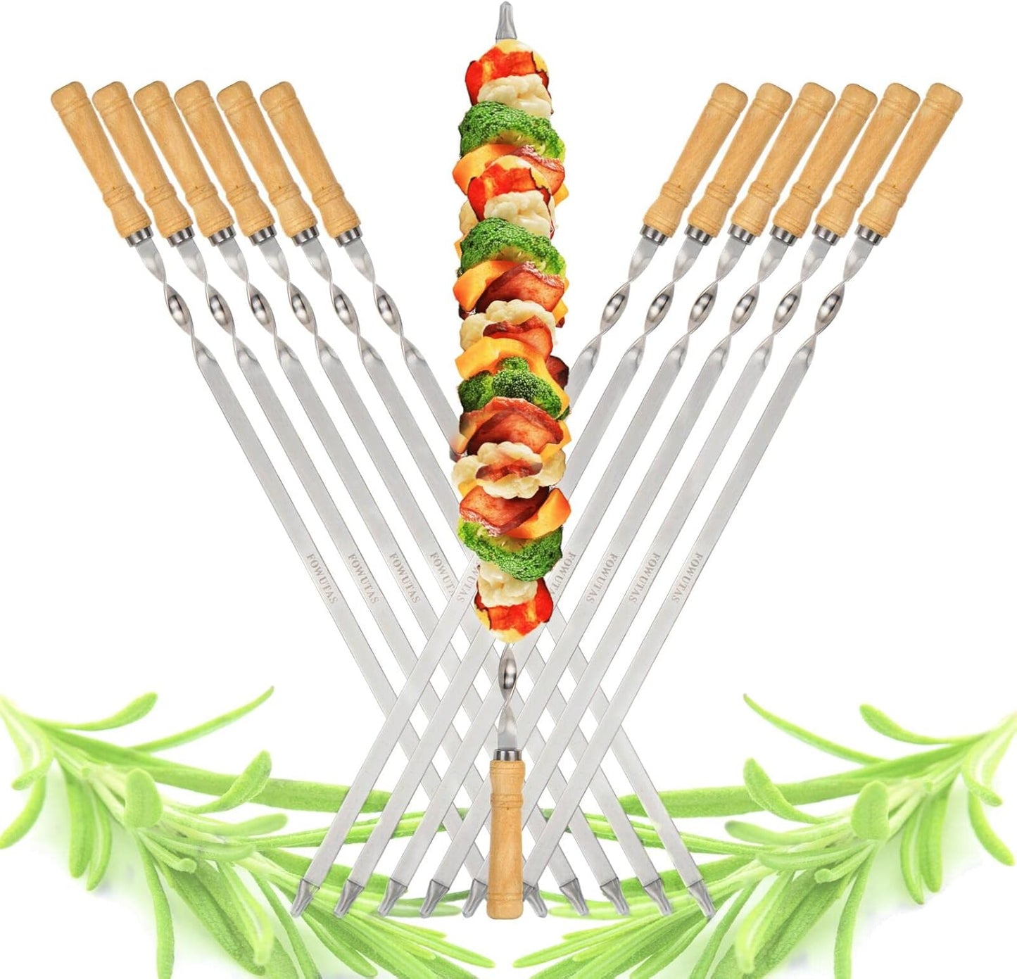 23.6" Large Size Kabob Skewers Flat Metal BBQ Barbecue Skewer Wooden Handle Stainless Steel Shish Kabob Stick Wide Reusable Grilling Set Meat Shrimp Chicken Vegetable Kebab Fork Sausage-12PCS