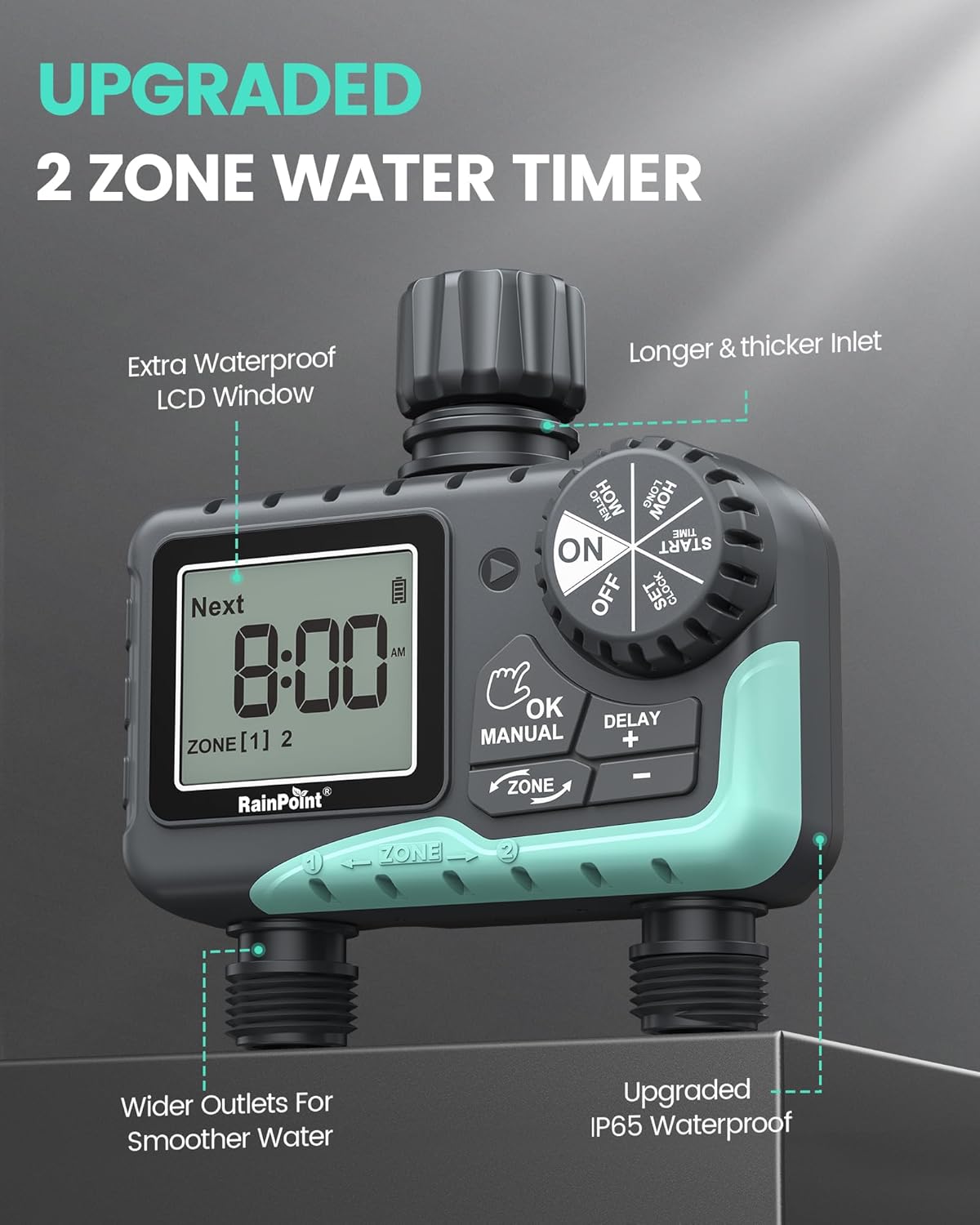 RAINPOINT Sprinkler Timer 2 Outlet, Water Timer for Garden Hose, Programmable Drip Irrigation Timer for Yard Outdoor Watering, Rain Delay/Manual/Automatic System Controller 2.5" LCD, V2, 2023 Release