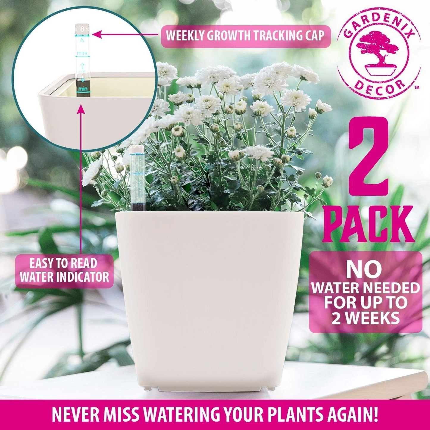 GARDENIX DECOR 5" Self Watering pots for Indoor Plants - Flower Pot with Water Level Indicator for Plants, Grow Tracking Tool - Self Watering Planter Plant Pot – 2 Pack White
