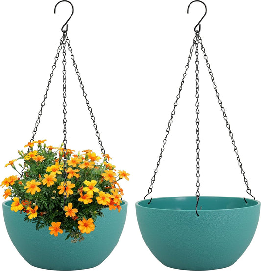 8 inch Small Hanging Planters Plant Pots for Indoor Outdoor Plants, 2 Pack Hanging Flower Pots with Drainage Holes and Chain for Garden, Plastic Hanging Baskets for House Plants, Blue Green