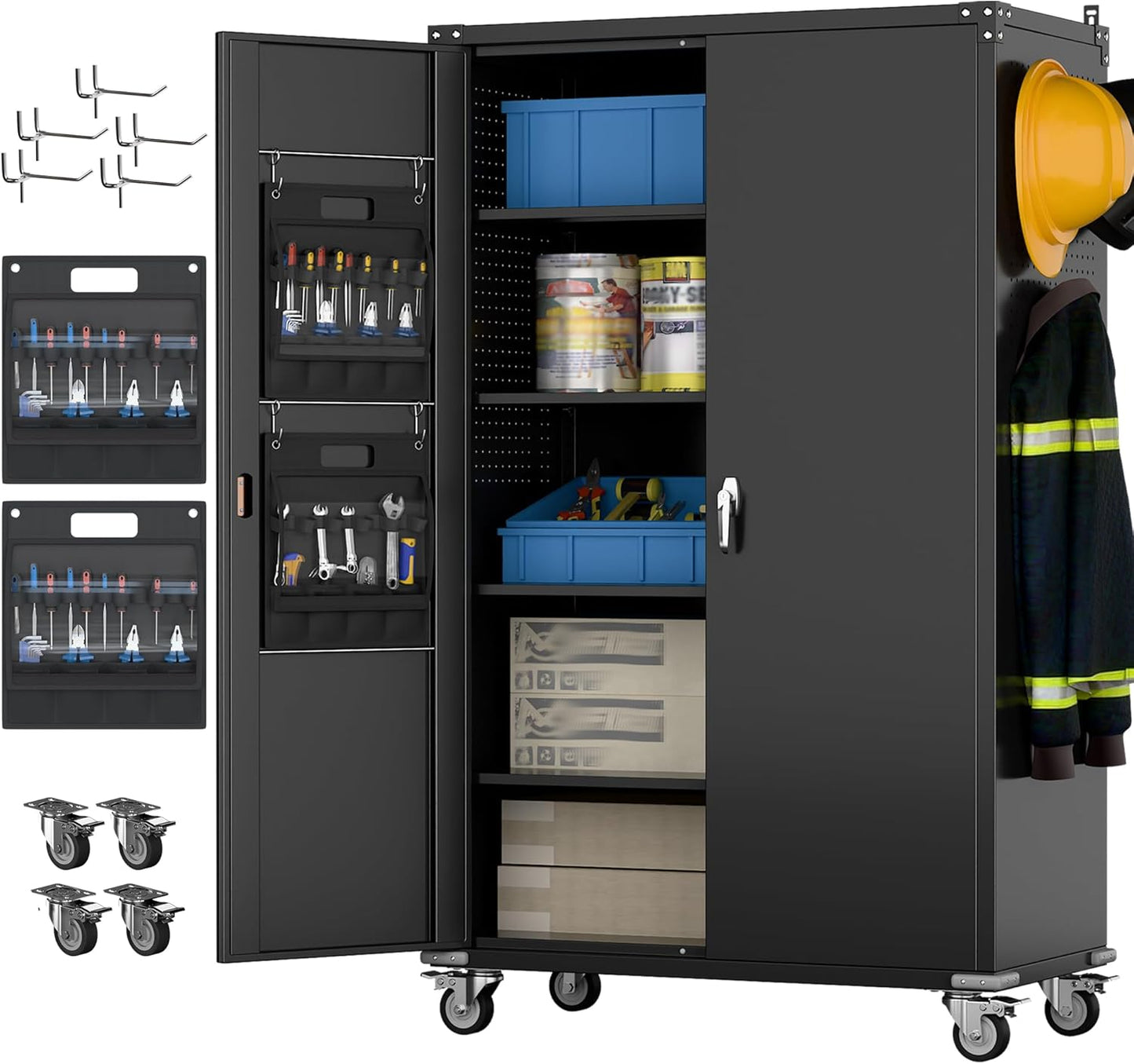 Aobabo Extra Large Cabinet on Wheels, Metal Storage Cabinet with Pegboards, Steel 2 Handles Locking Doors and Adjustable Shelves, for Garage Office, Black, 43.3''W x 21.6''D x 72''H, Assembly Required