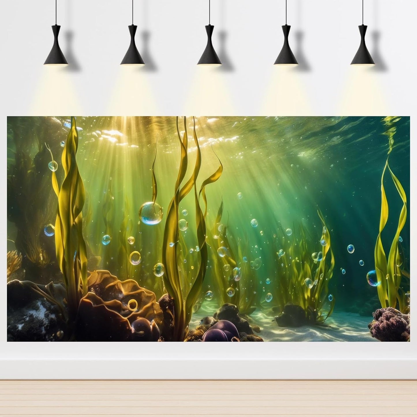 Aquarium Background Underwater Beautiful Coral Reef with Seaweed Bubbles Terrarium Backdrop Aquatic Plants Sunlight Rays Fish Tank Background Tank Aquarium Wallpaper Poster Decor Vinyl 36x18in