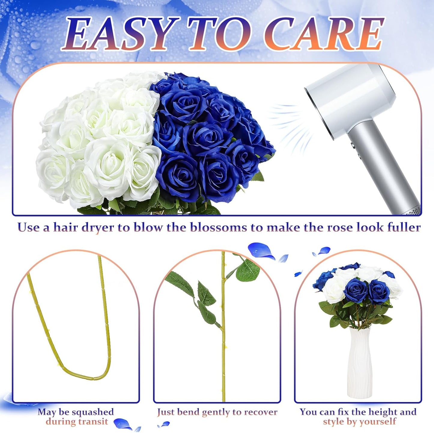 36 Pcs Silk Blue White Rose Bouquet Bridal Artificial Flowers,Fake Rose Long Stem Realistic Flowers Bulk for Wedding Bouquet Ball Arrangement Centerpiece Party Decor