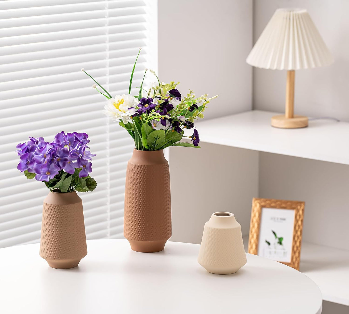 Ceramic Vase Set of 3, Modern Multicolor Pattern Flower Vases for Home Decor, Office, Centerpieces, Boho Farmhouse Style (Khaki/Brown/Beige)