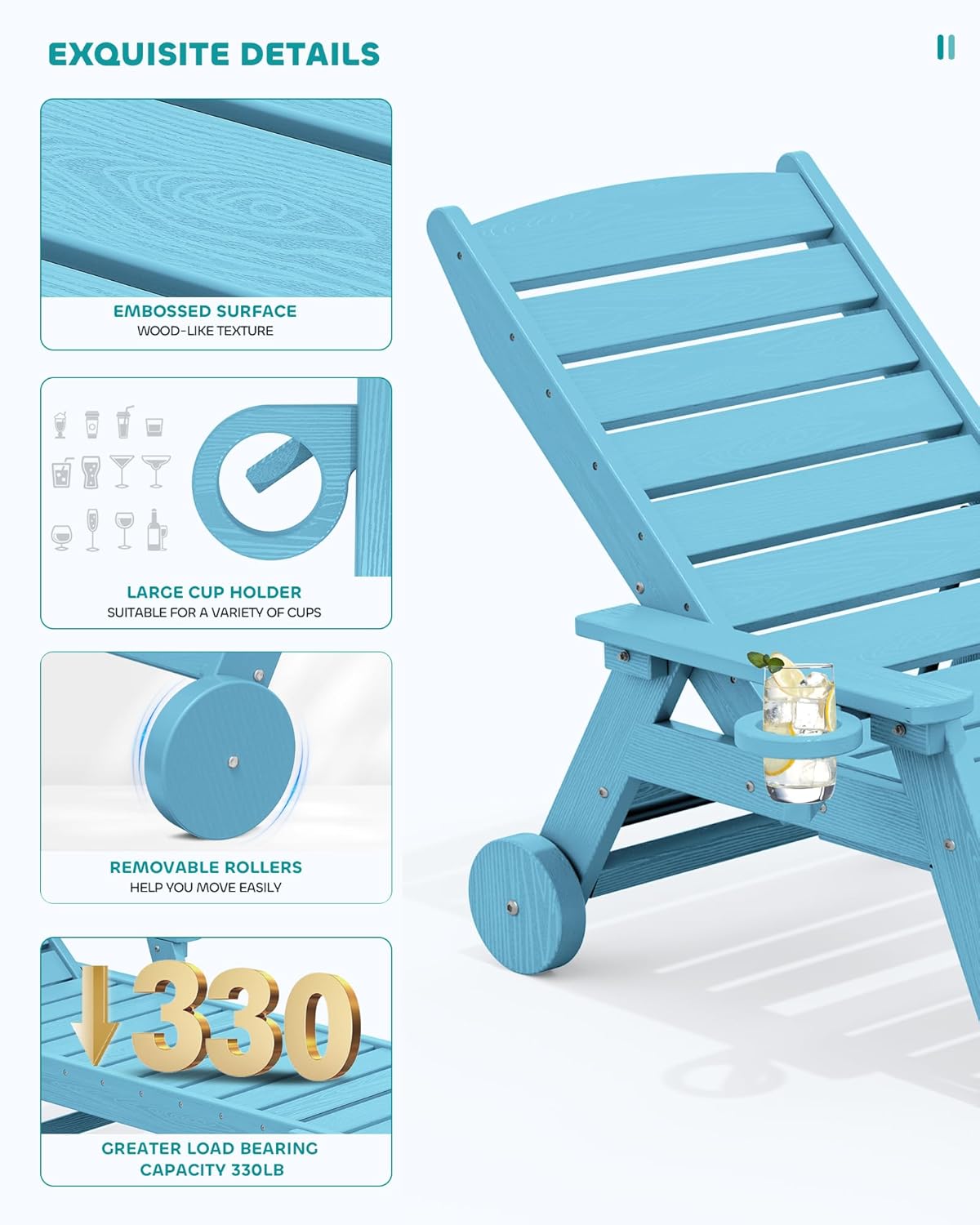 SERWALL Patio Chaise Lounge Chair Set of 2, 78'' Long 5-Positions Adjustable HDPE Outdoor Lounge Chair for Pool, Poly Lounge Chair with Rolling Wheels & Cup Holder for Poolside, Deck, Light Blue