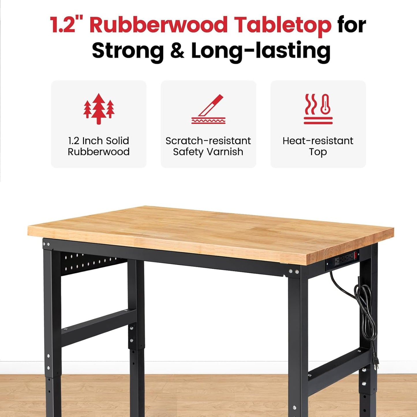 Work Bench for Garage Workbench with Pegboard Adjustable Height Work Table for Shop Woodworking, 48 x 20 Heavy Duty Rubber Wood Top for Office, Home, Commercial