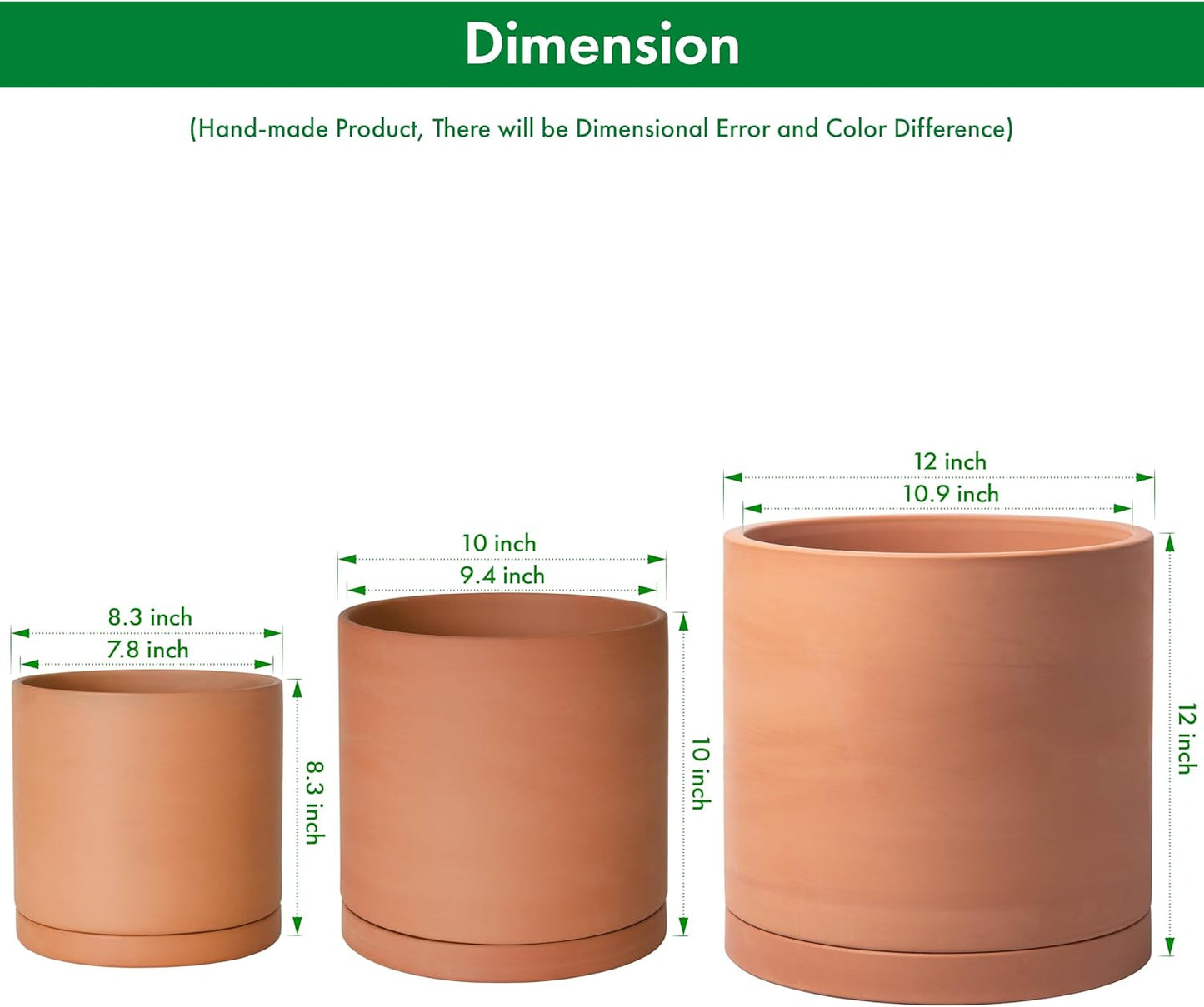 D'vine Dev Terracotta Pots for Plants, 8.3 Inch 10 Inch 12 Inch, Round Cylinder Planter Pot with Drainage and Saucer, 40-T-D-0