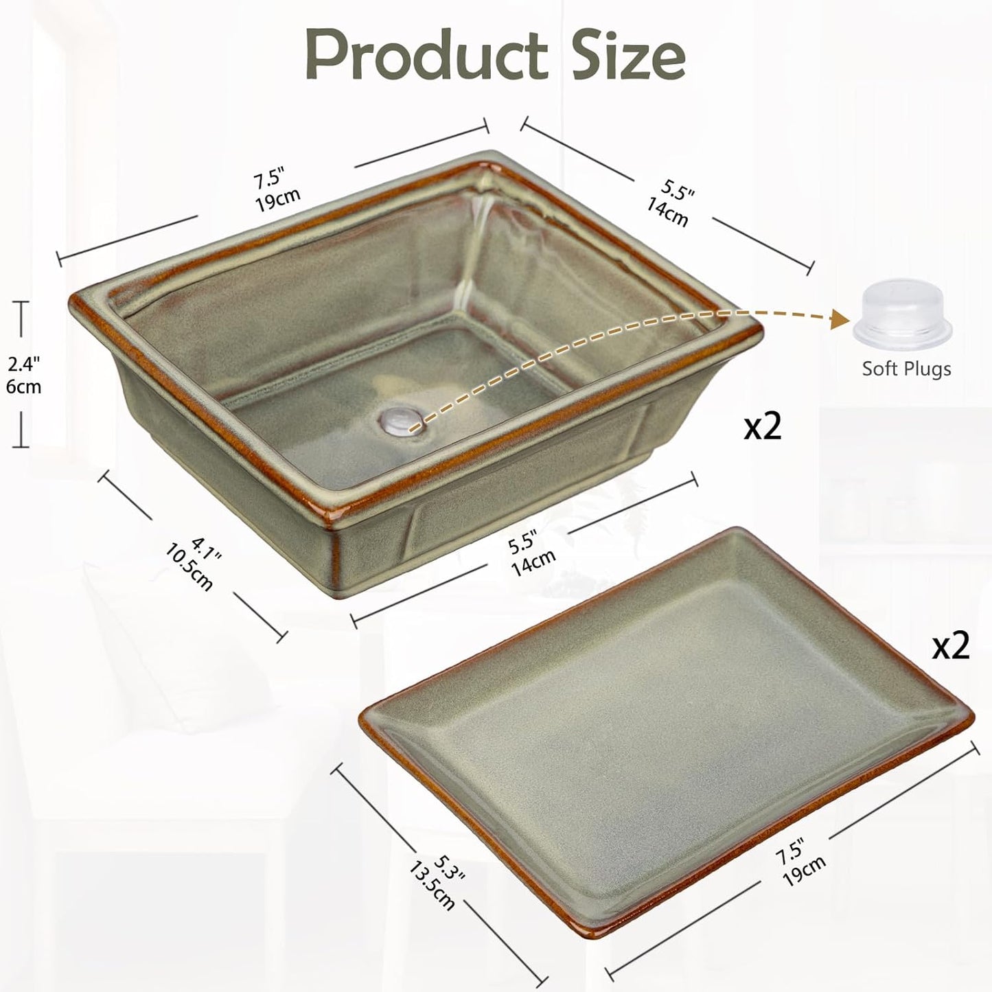 Ceramic Bonsai Pots with Drainage Tray, Set of 2 Rectangular Glazed Bonsai Planters for Indoor/Outdoor Use, Shallow Brown Bonzai Tree Pots for Succulent, Orchids, Cacti, Home, Patio, Garden, 7.5"x5.5"