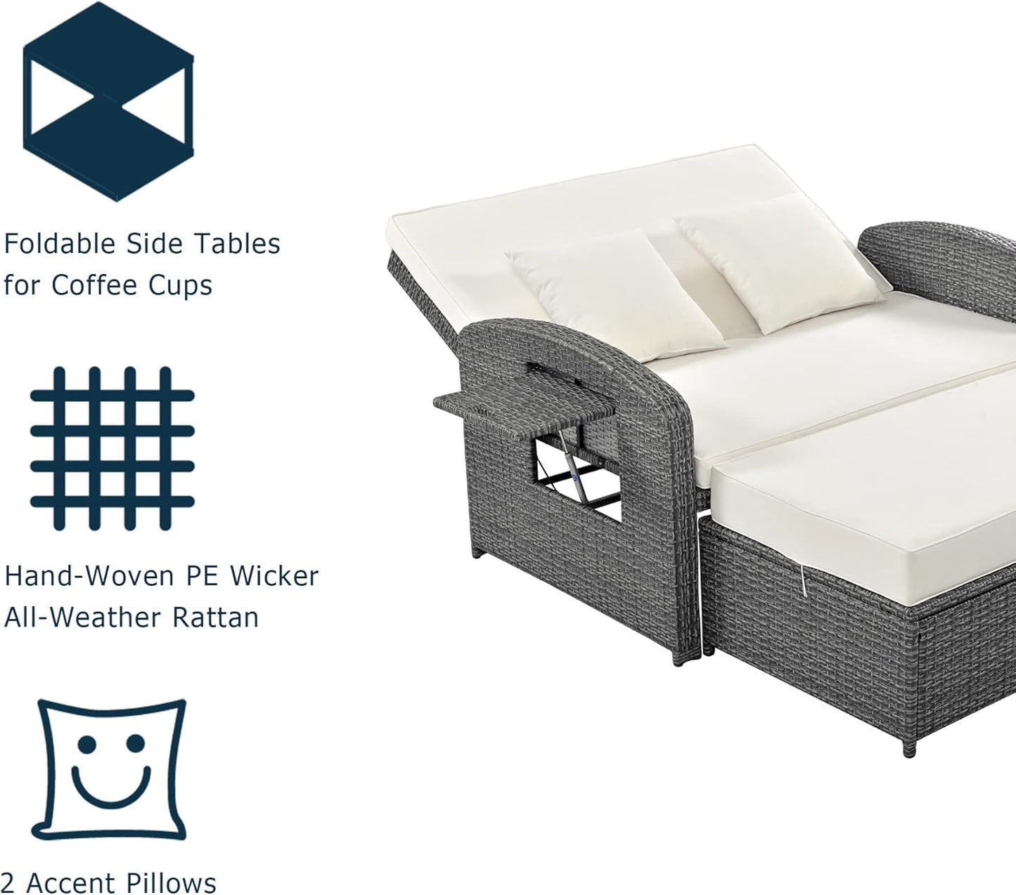 43.7” Patio Rattan Daybed Set, PE Wicker Rattan Double Chaise Lounge, 3-Level Adjustable Back and Cushions, Free Furniture Protection Cover, White