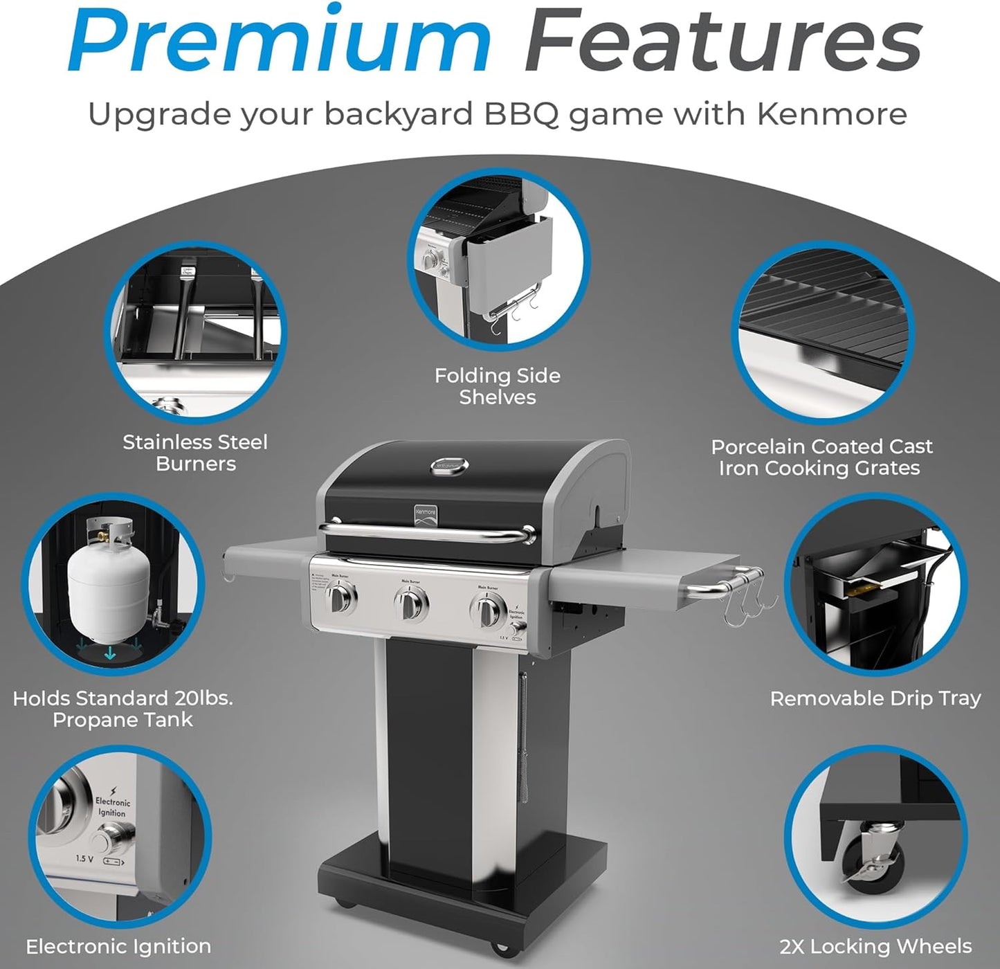 Kenmore 3-Burner Propane BBQ Grill, 30,000 BTUs Gas Grill with Cast Iron Cooking Grates, Folding Side Tables & Wheels, Outdoor Grill with Tool Hooks, Black