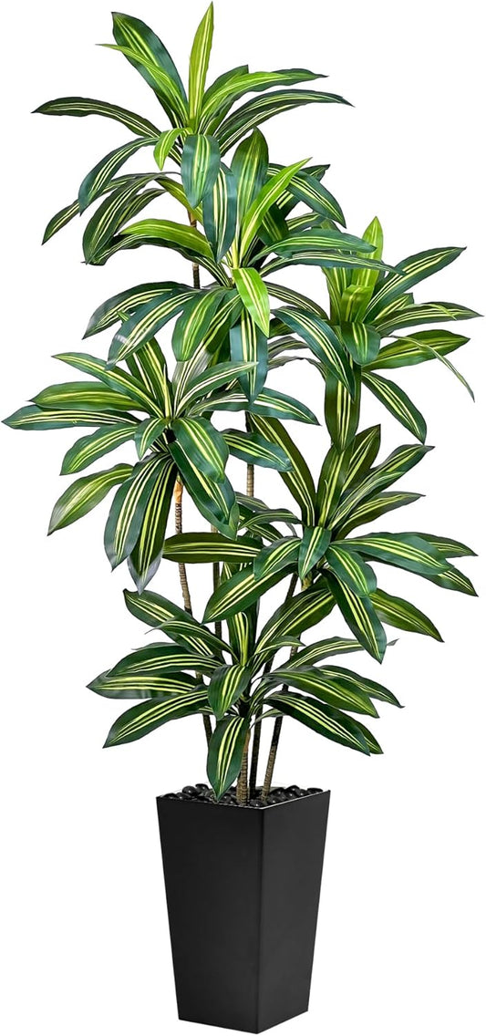 Artificial Dracaena Tree 5FT Tall Fake Plant with White Pot - Realistic Faux Dragon Tree with Tall Planter - Indoor Floor Plant for Home, Office,Mall, Living Room, Bedroom Decor (Black - Planter, 5ft)