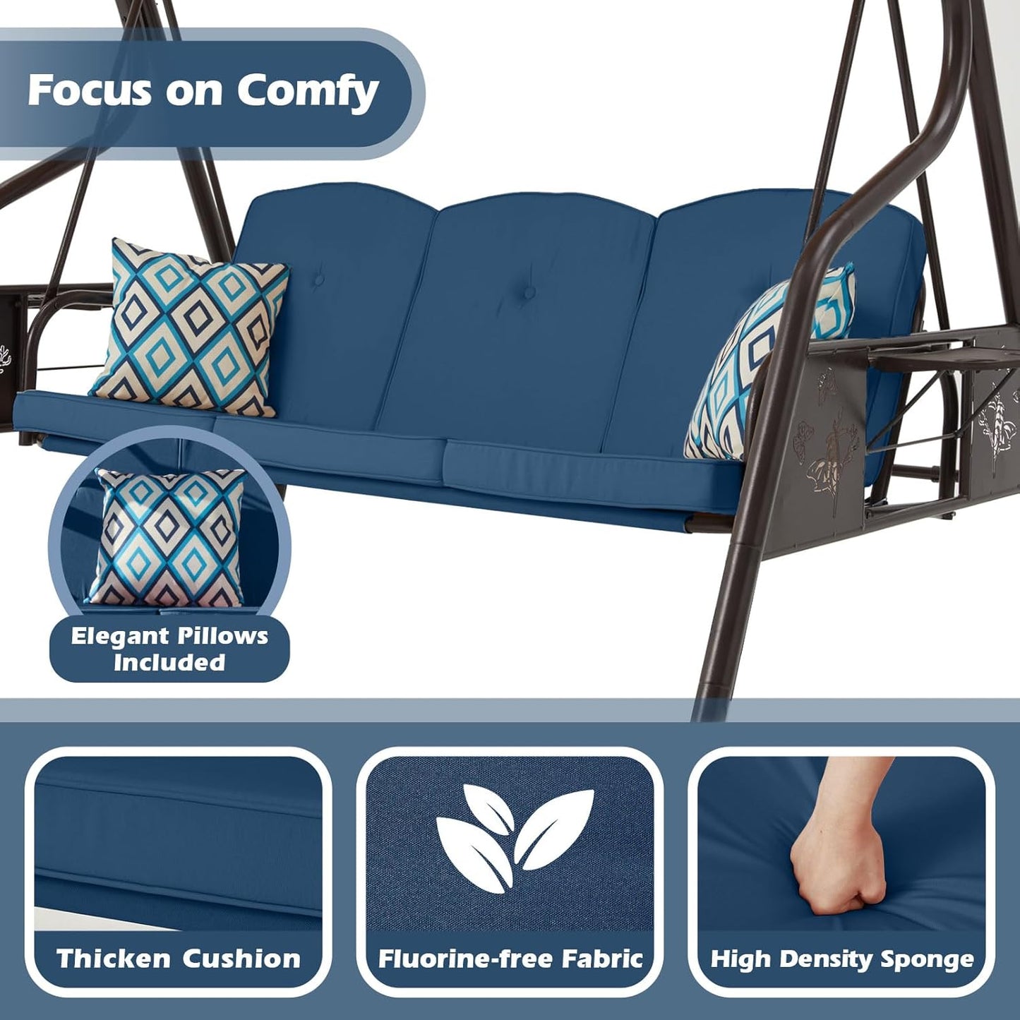 3-Seat Patio Porch Swing 800LBS Outdoor Swing with Stand w/Canopy & Adjustable Backrest Patio Glider Chair w/Removable Pillows & Foldable Side Tray for Balcony Garden Deck (Blue)