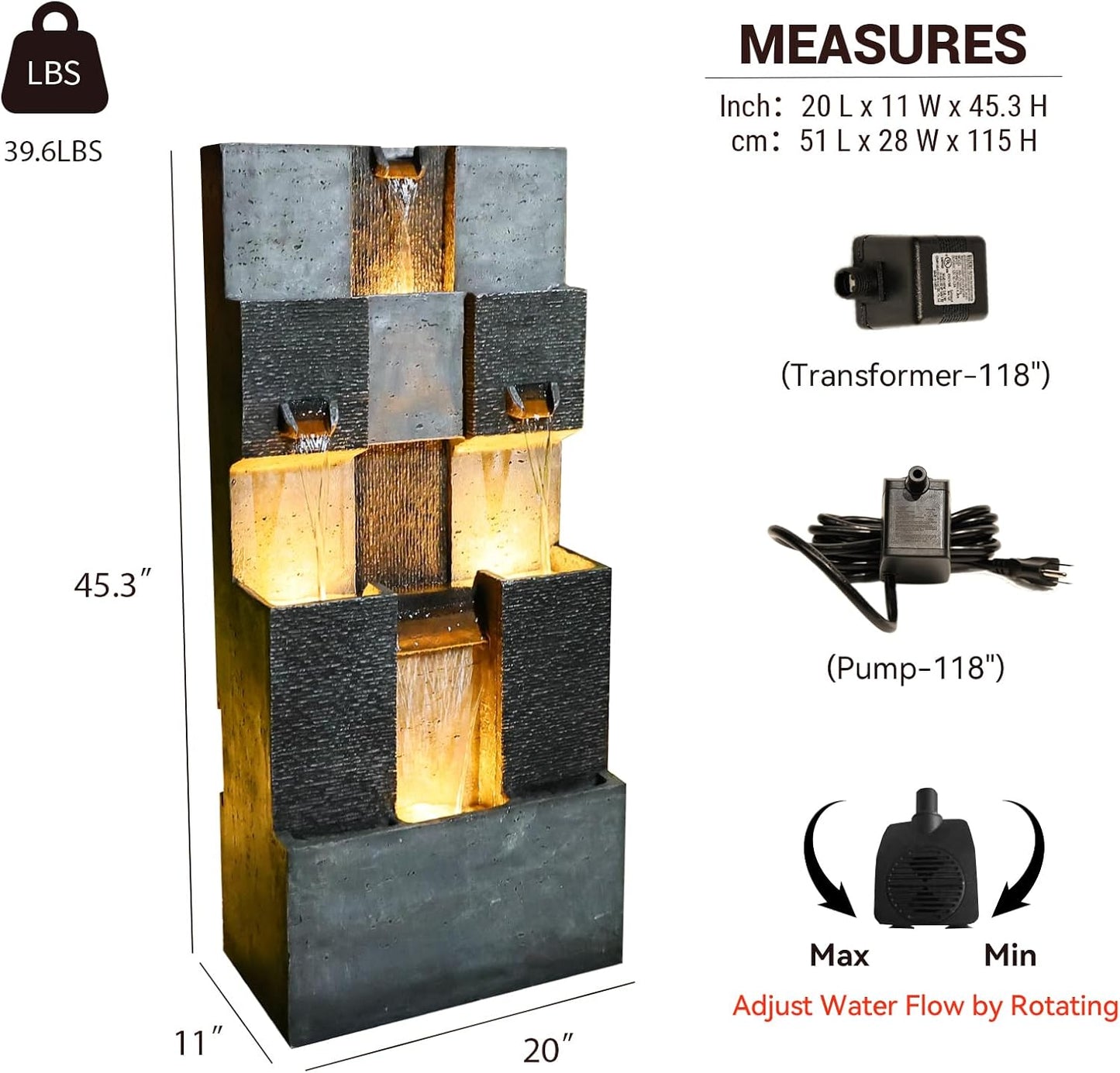 44.8" H Modern Outdoor Water Fountain with LED Lights and Pump, Mutiply-Tier Standing Cascading Waterfall - Modern Design for Garden,Patio,Yard, Multi-Level Outdoor Decor (Gray)