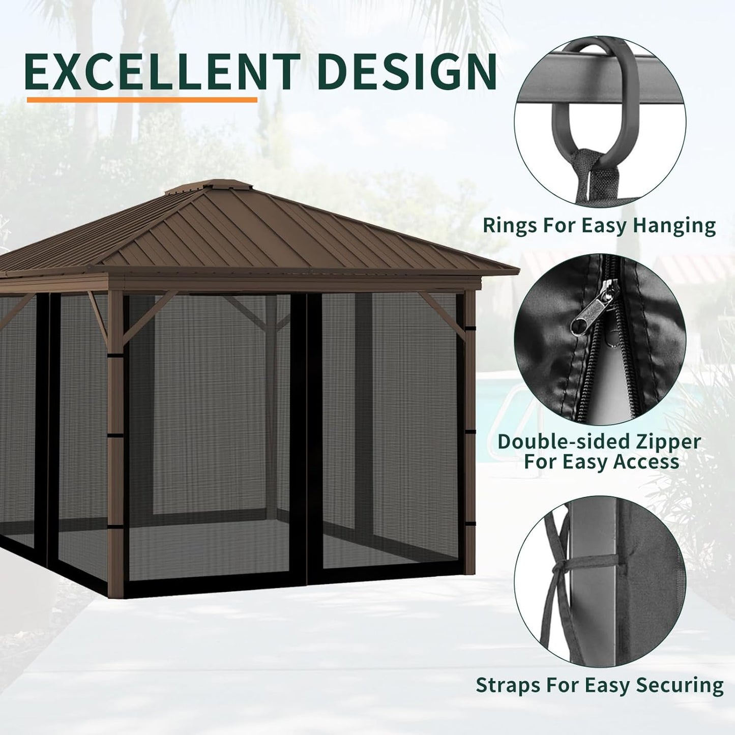 Replacement Gazebo Mosquito Netting 12' x 12',Universal Netting for Canopy Tent,4-Panel with Zipper for Outdoor Patio,Backyard (Mosquito Net Only,Black)