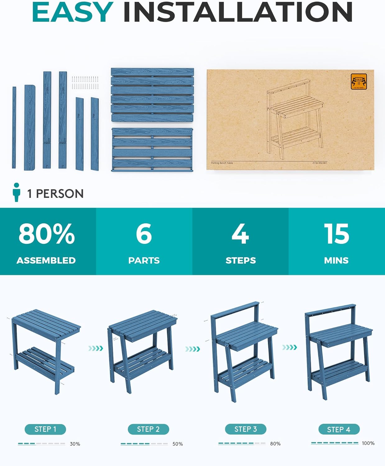 SERWALL Potting Bench Outdoor with Storage, 3-Tier HDPE Gardening Table with Angled Legs & Tool Hooks, All-Weather Heavy Duty Potting Table for Patio, Backyard, Garden, Blue